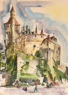Vintage Castle of Menthon, Saint-Bernard by Pierre Duc - Watercolor on paper 50x70 cm