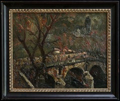 Pont Neuf & Notre Dame - Soirée - 20e siècle Huile, Paysage de Paris par P Dumont