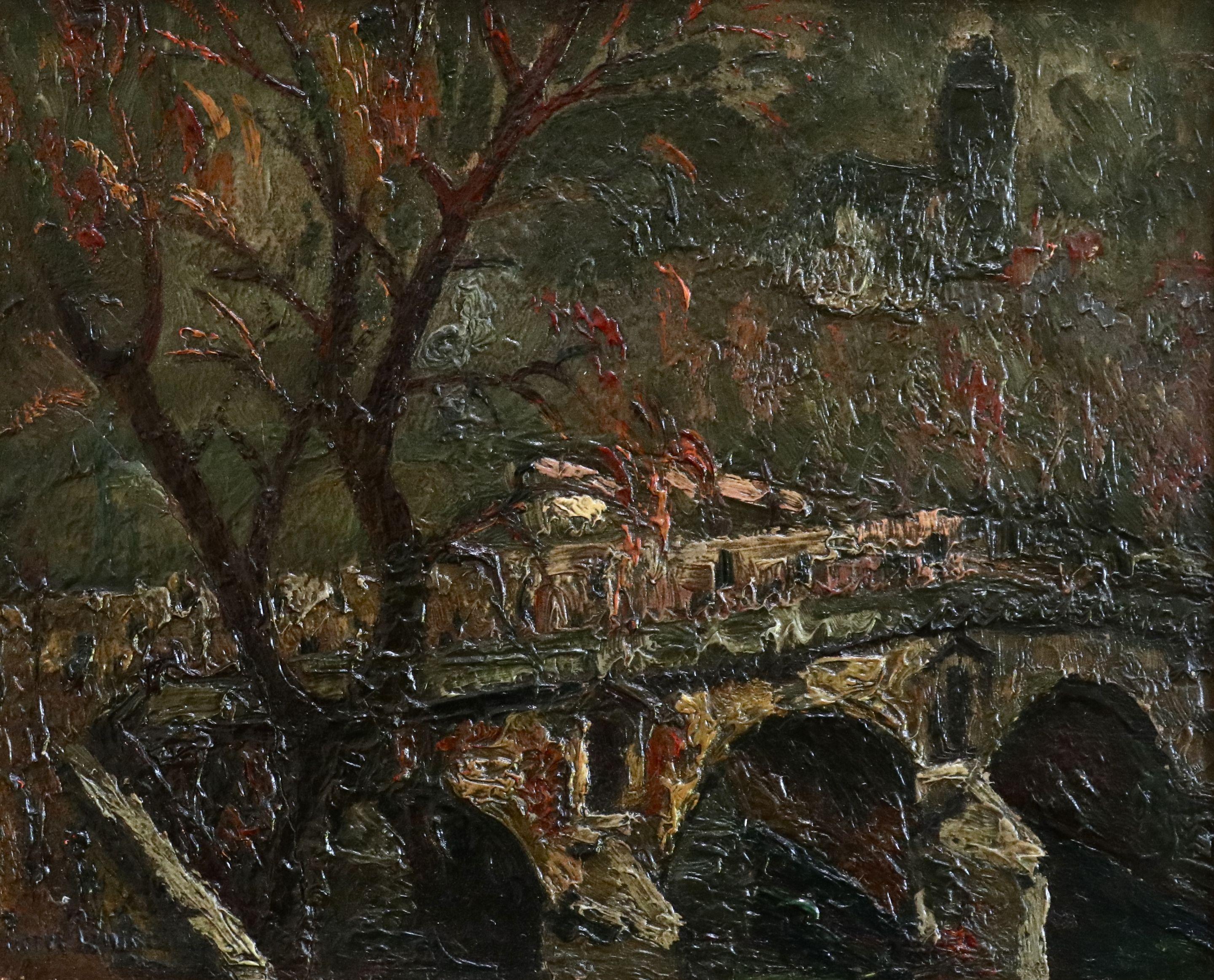 Pierre DuMont Landscape Painting - Pont Neuf & Notre Dame - Evening - 20th Century Oil, Paris Landscape by P Dumont