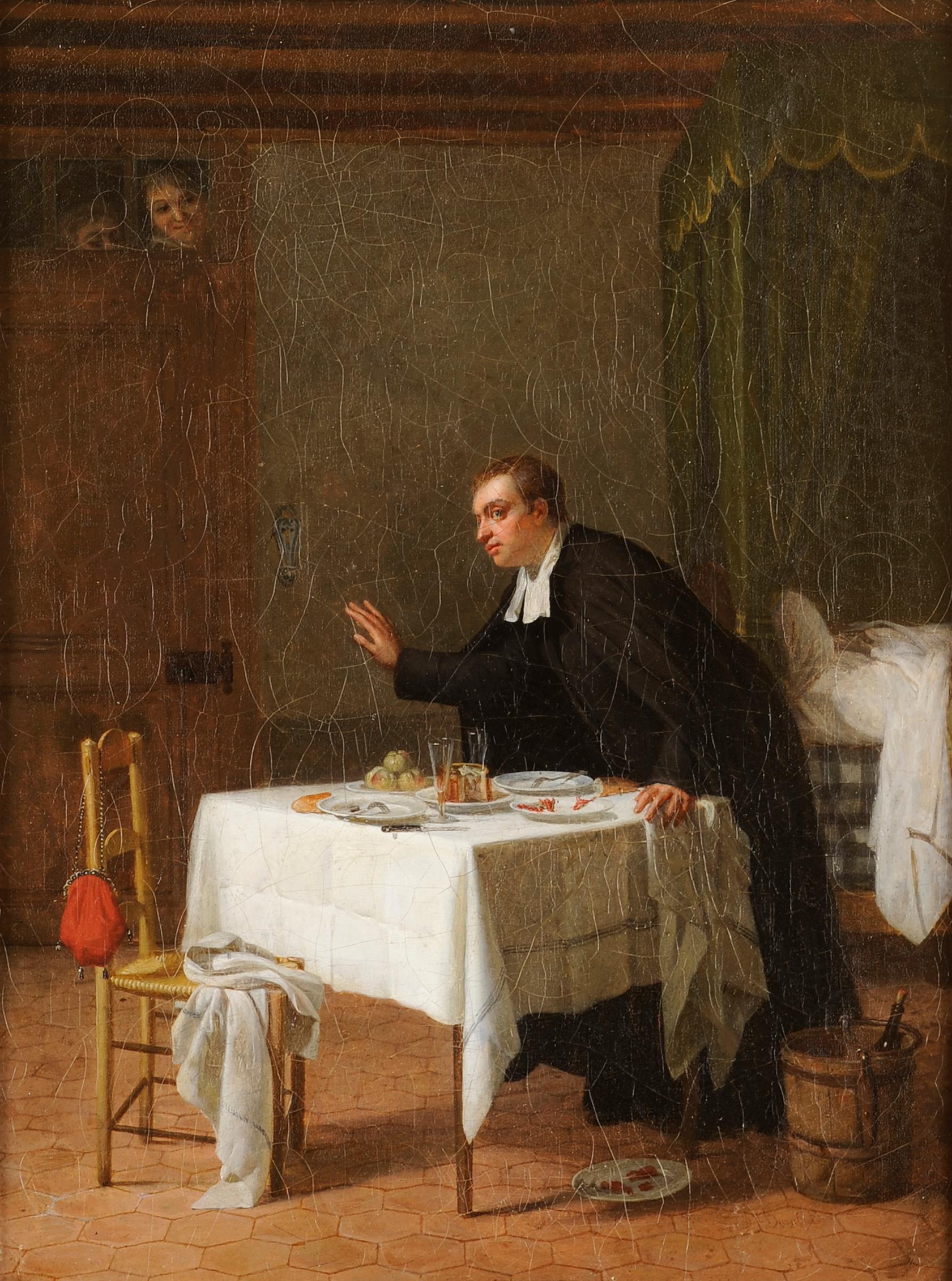Un prêtre dînant en bonne compagnie - Painting de Pierre Duval-Lecamus