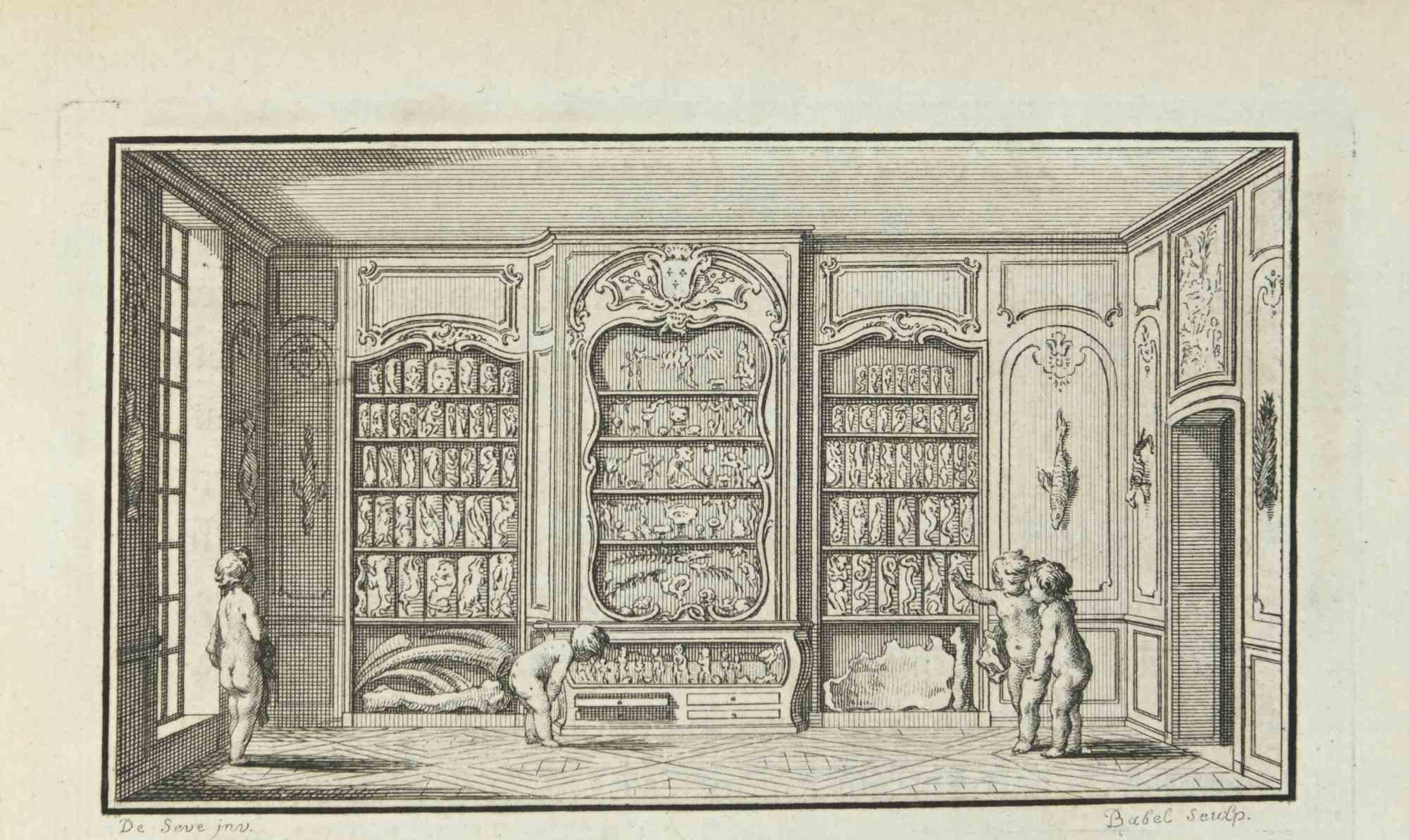 Pierre-Edme Babel Figurative Print - In The Hall - Etching by Pierre-Edmé Babel - 1771