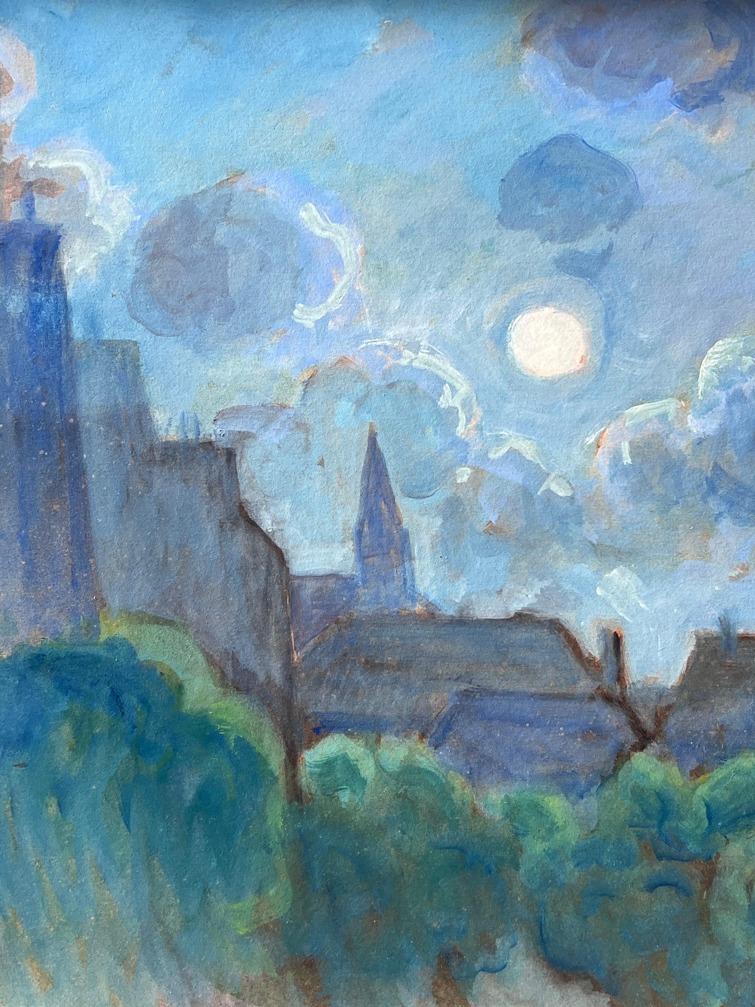 20. Jahrhundert Französisch Modernist signiert Ölgemälde Moonlit Französisch Townes Rooftops im Angebot 5