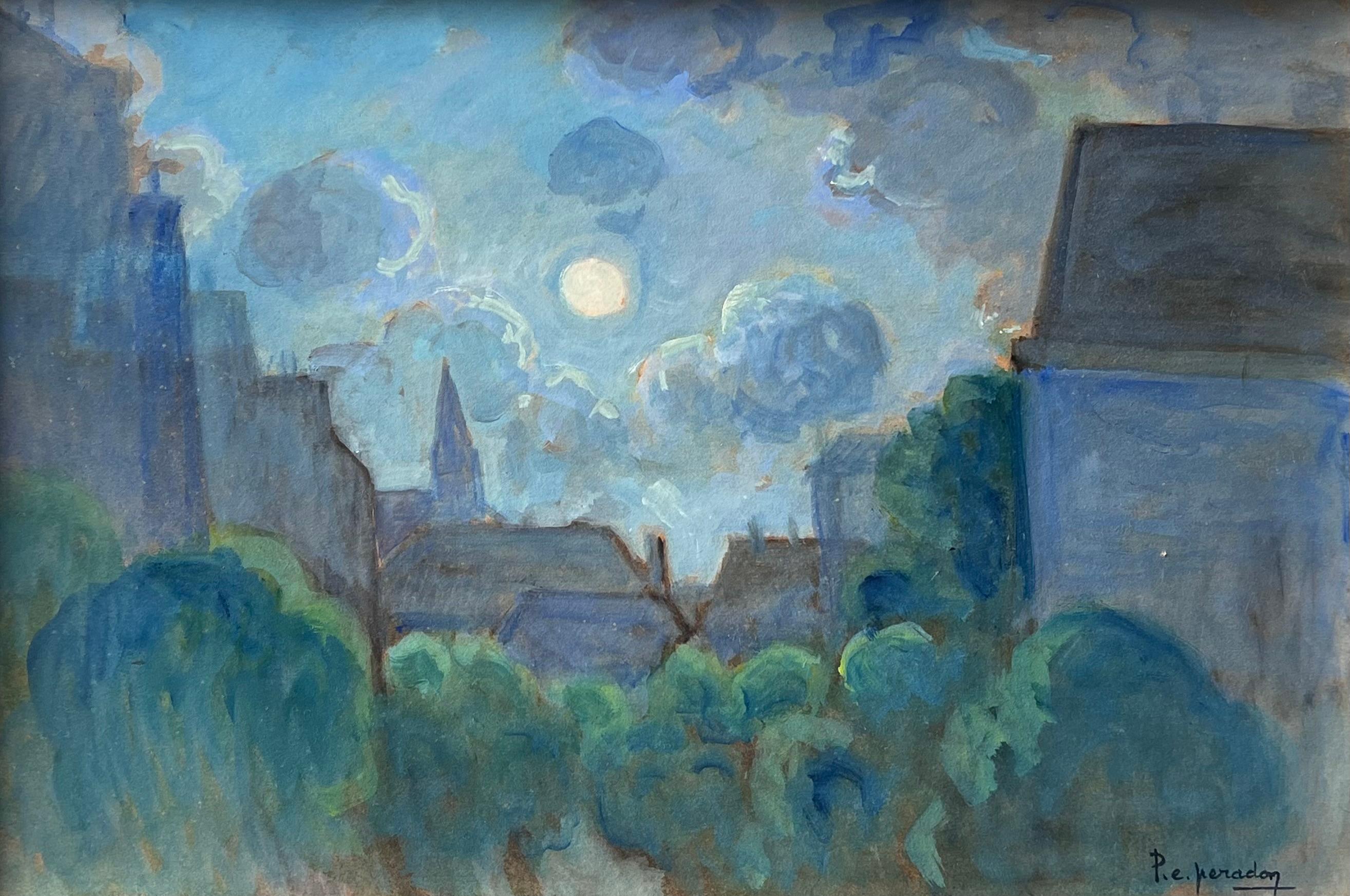 20. Jahrhundert Französisch Modernist signiert Ölgemälde Moonlit Französisch Townes Rooftops – Painting von Pierre Edmond Peradon 