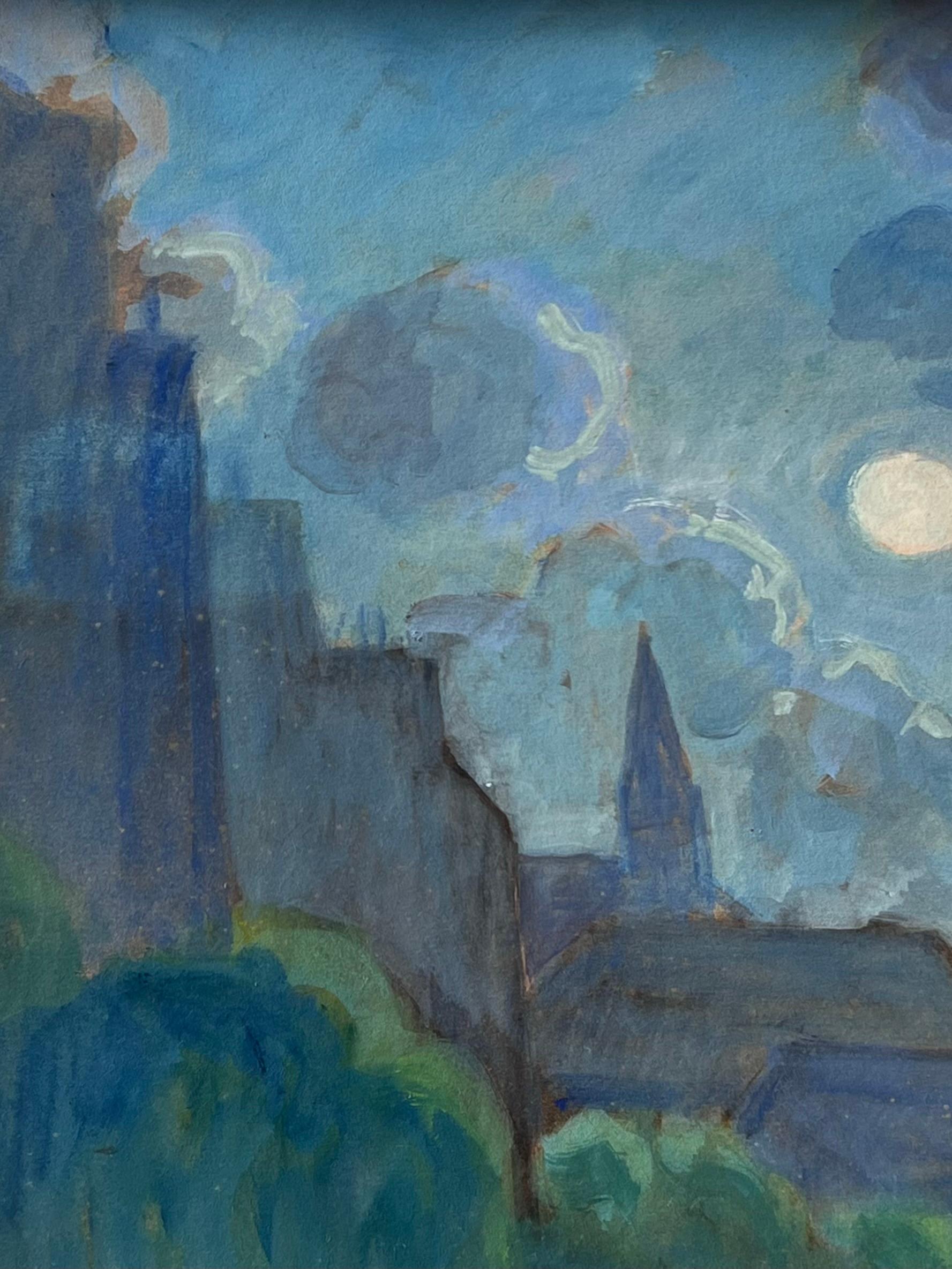 20. Jahrhundert Französisch Modernist signiert Ölgemälde Moonlit Französisch Townes Rooftops (Impressionismus), Painting, von Pierre Edmond Peradon 