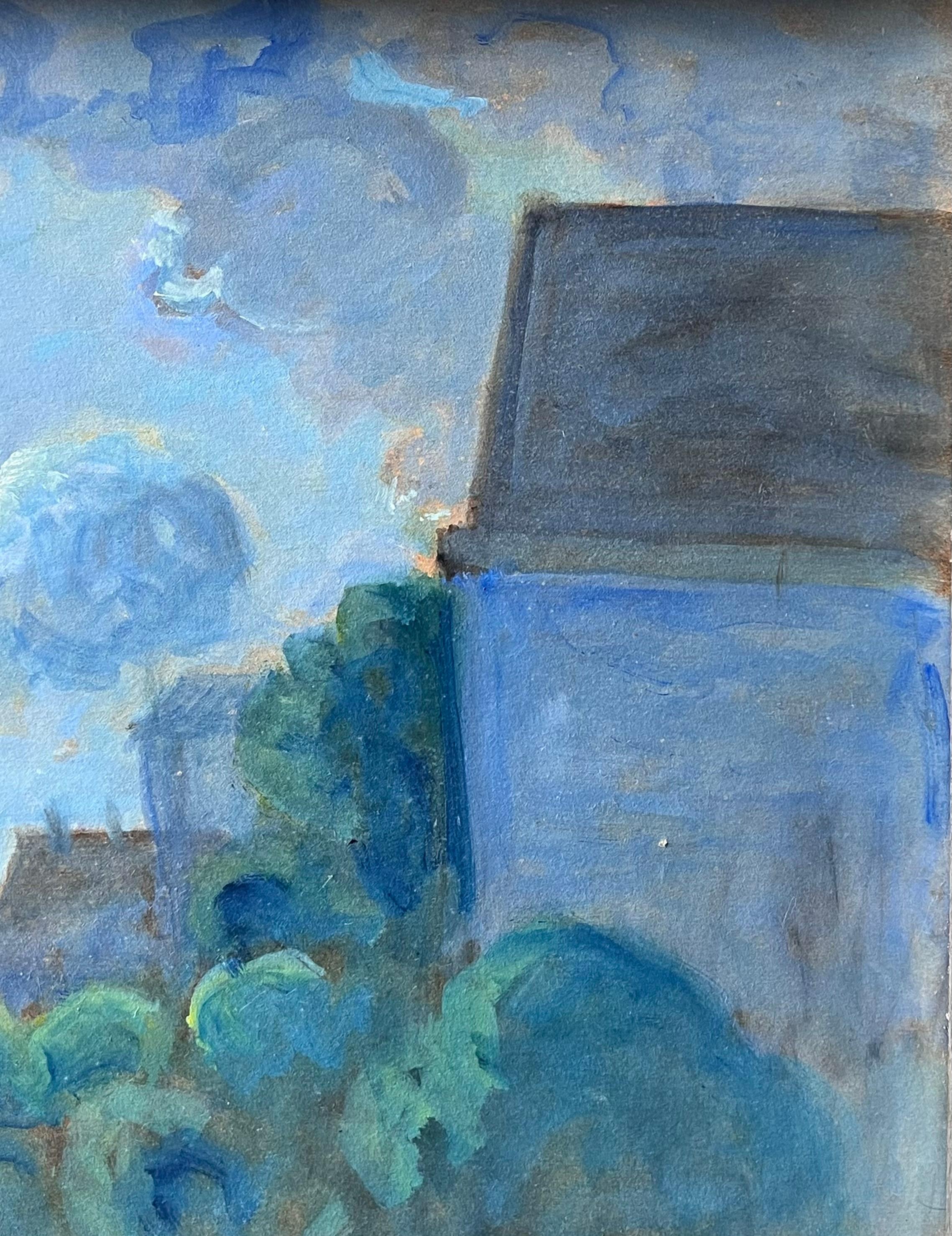 20. Jahrhundert Französisch Modernist signiert Ölgemälde Moonlit Französisch Townes Rooftops (Grau), Landscape Painting, von Pierre Edmond Peradon 