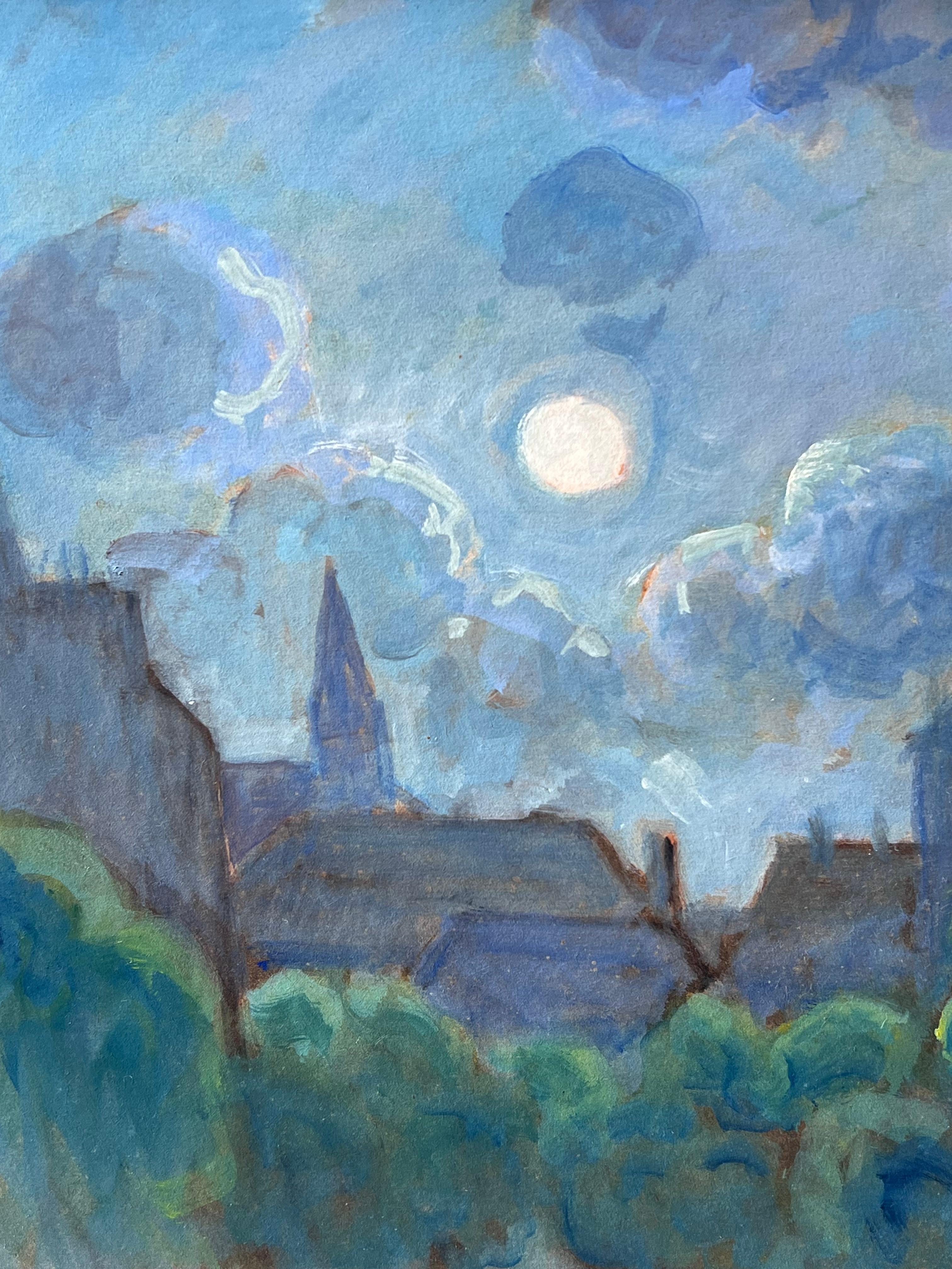 20. Jahrhundert Französisch Modernist signiert Ölgemälde Moonlit Französisch Townes Rooftops im Angebot 1