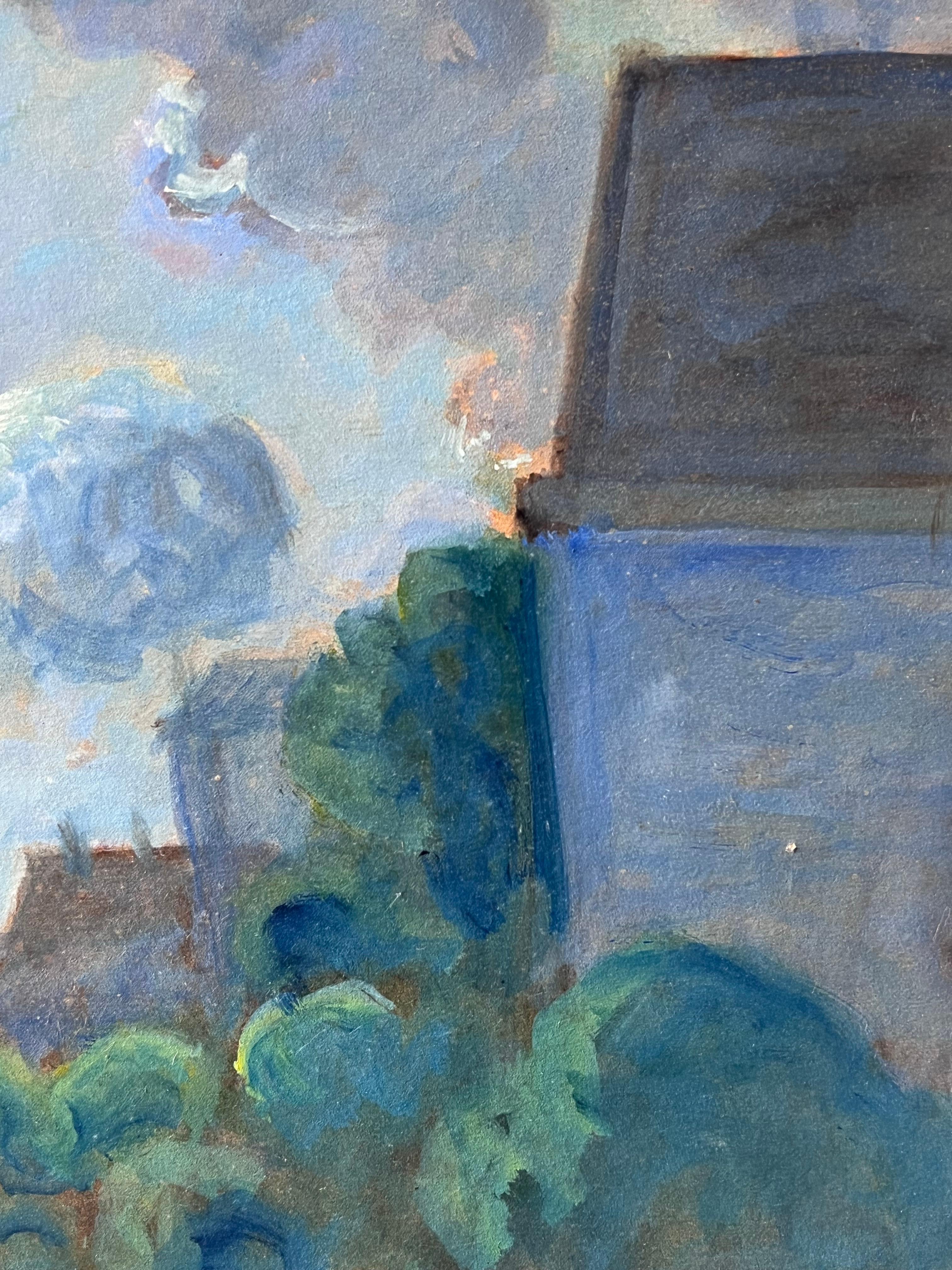 20. Jahrhundert Französisch Modernist signiert Ölgemälde Moonlit Französisch Townes Rooftops im Angebot 2