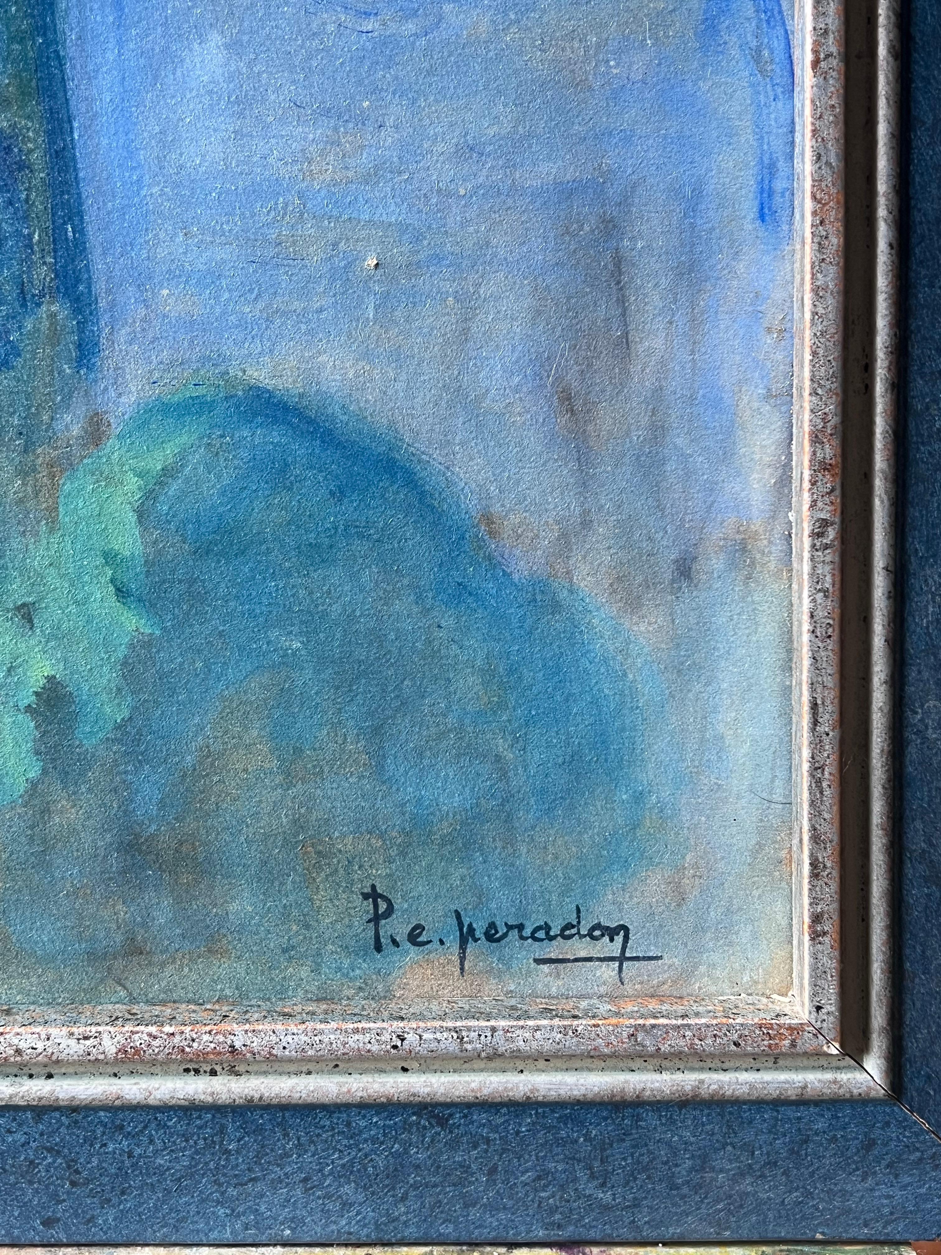 20. Jahrhundert Französisch Modernist signiert Ölgemälde Moonlit Französisch Townes Rooftops im Angebot 3