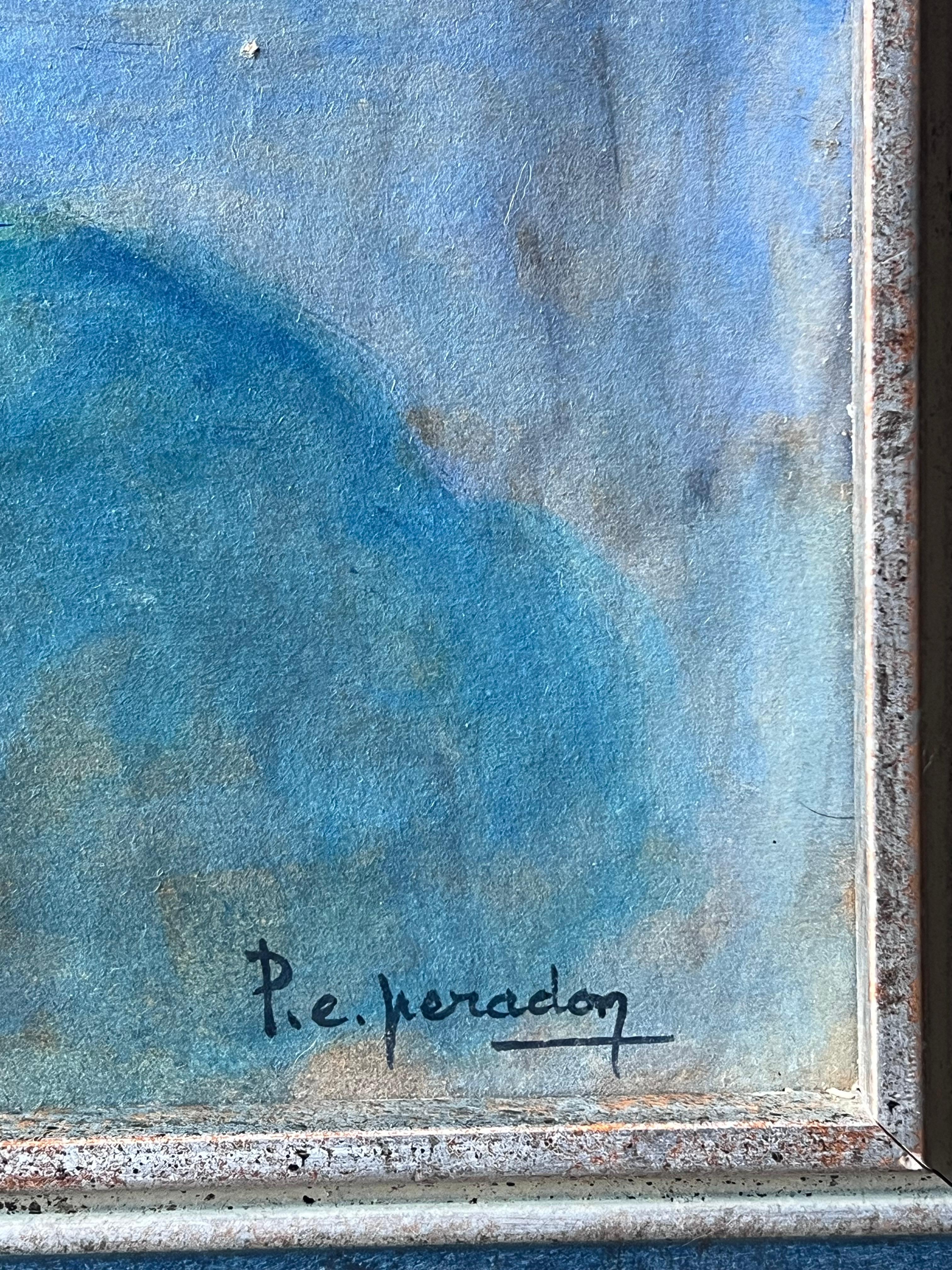 20. Jahrhundert Französisch Modernist signiert Ölgemälde Moonlit Französisch Townes Rooftops im Angebot 4