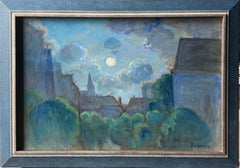 20th Century French Modernist Signed Oil Painting Moonlit French Town Rooftops