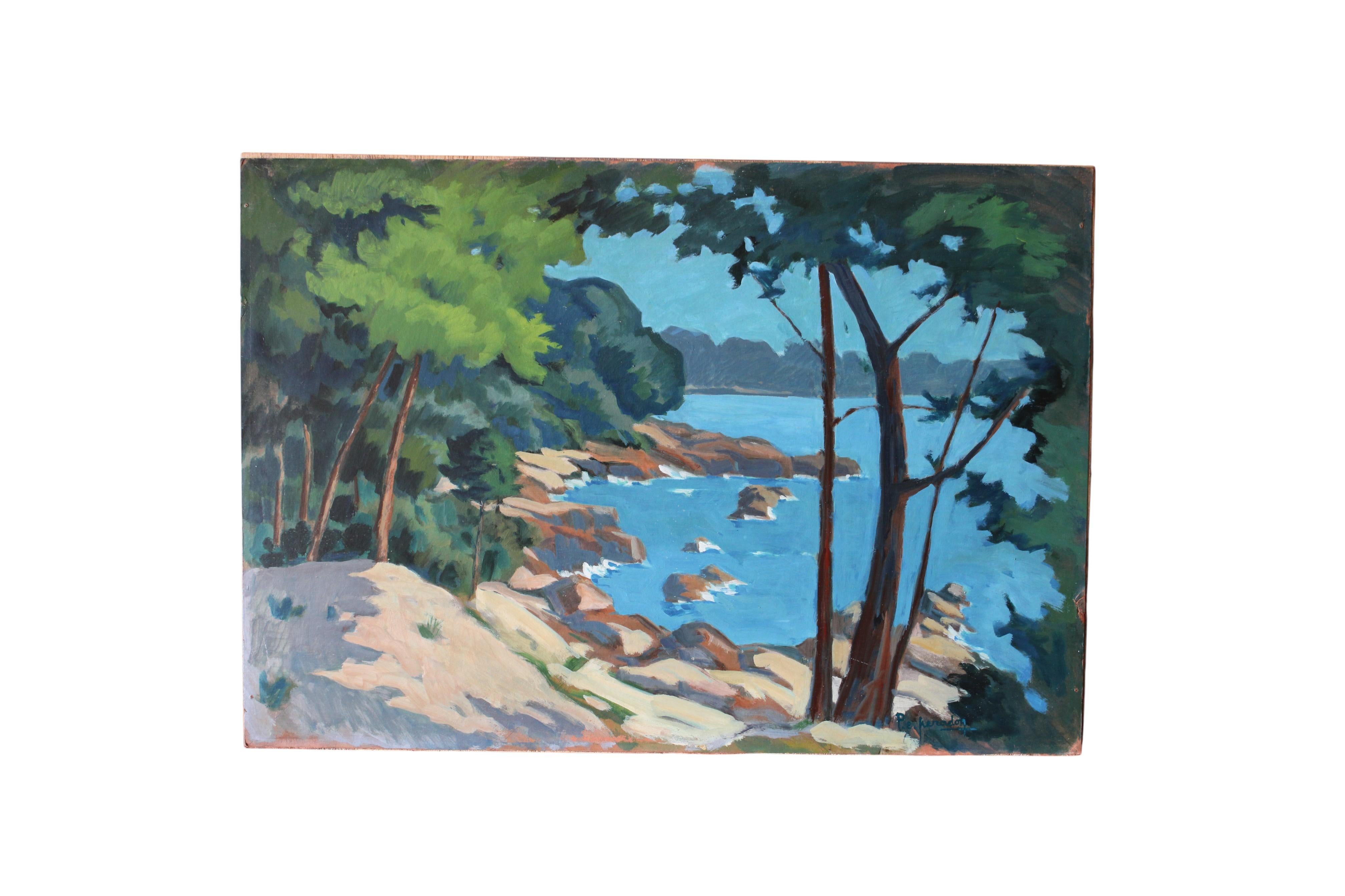 Large Vintage Post-Impressionist French landscape oil painting Cote d
Azur