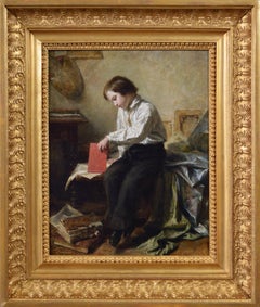 19th Century genre oil painting of a boy in an attic