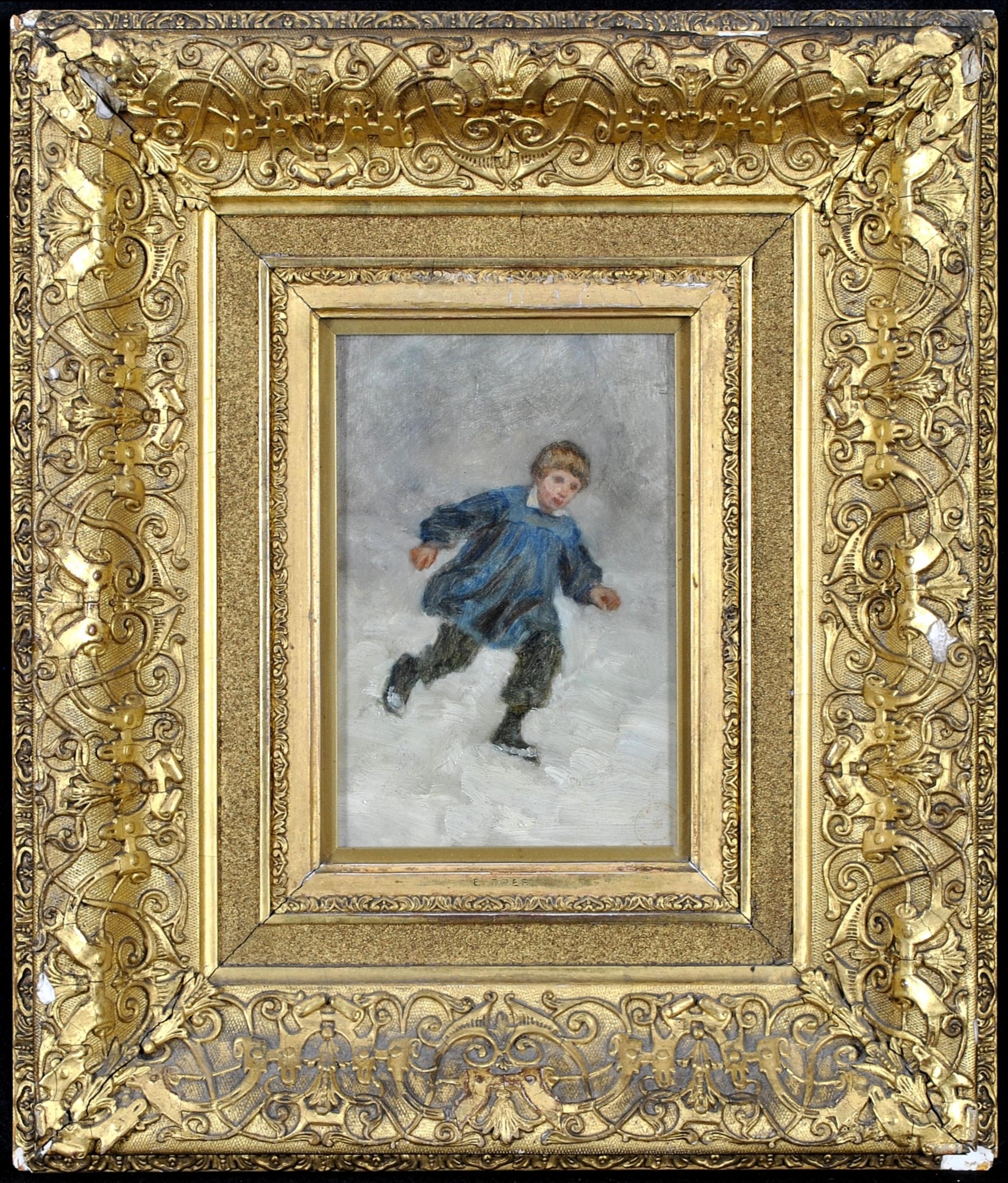 Boy in the Snow - 19th Century French Impressionist Antique Portrait Painting