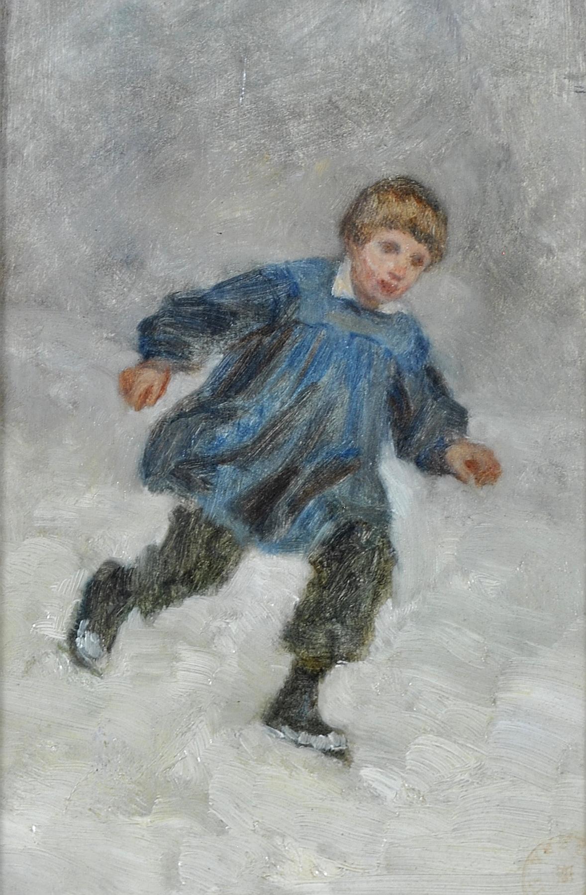 Jeune garçon dans la neige - Peinture de portrait impressionniste française du 19ème siècle - Painting de Pierre Edouard Frere