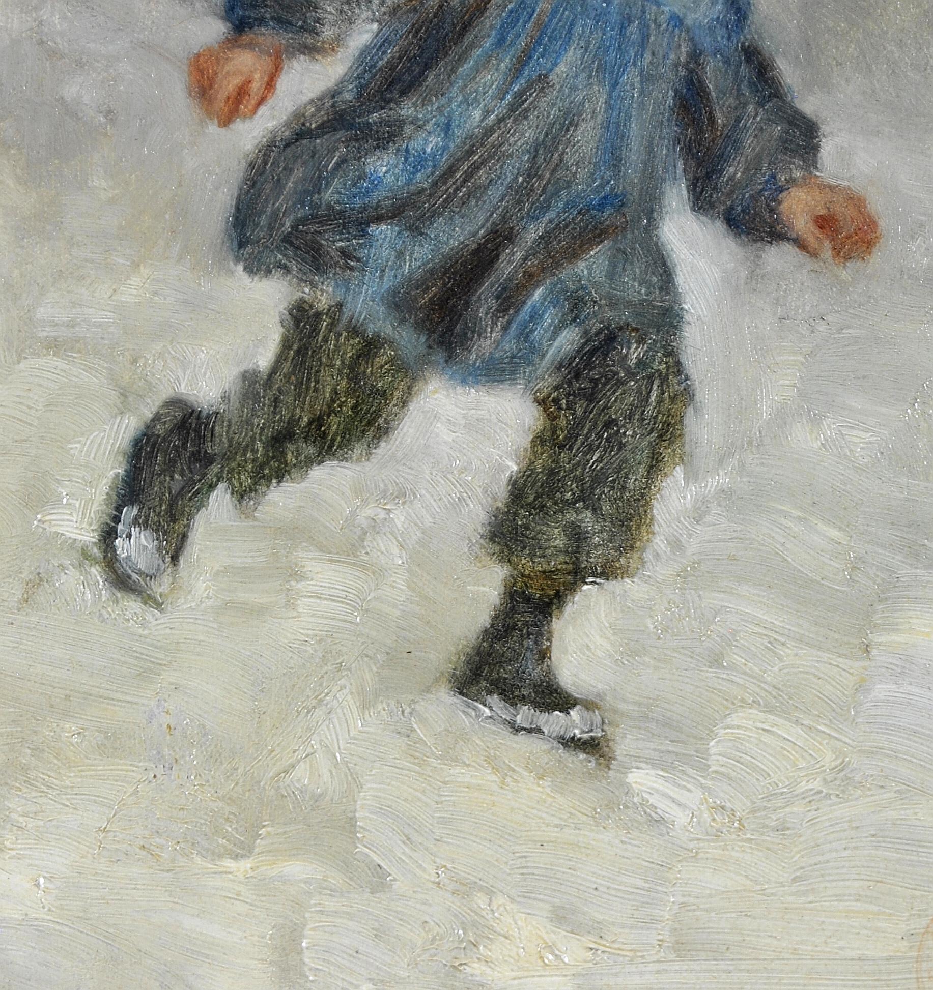 Jeune garçon dans la neige - Peinture de portrait impressionniste française du 19ème siècle - Impressionnisme Painting par Pierre Edouard Frere