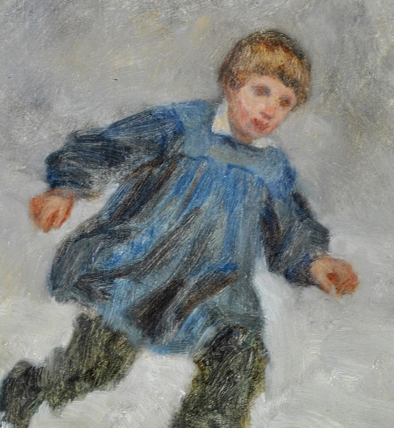 Jeune garçon dans la neige - Peinture de portrait impressionniste française du 19ème siècle - Marron Portrait Painting par Pierre Edouard Frere