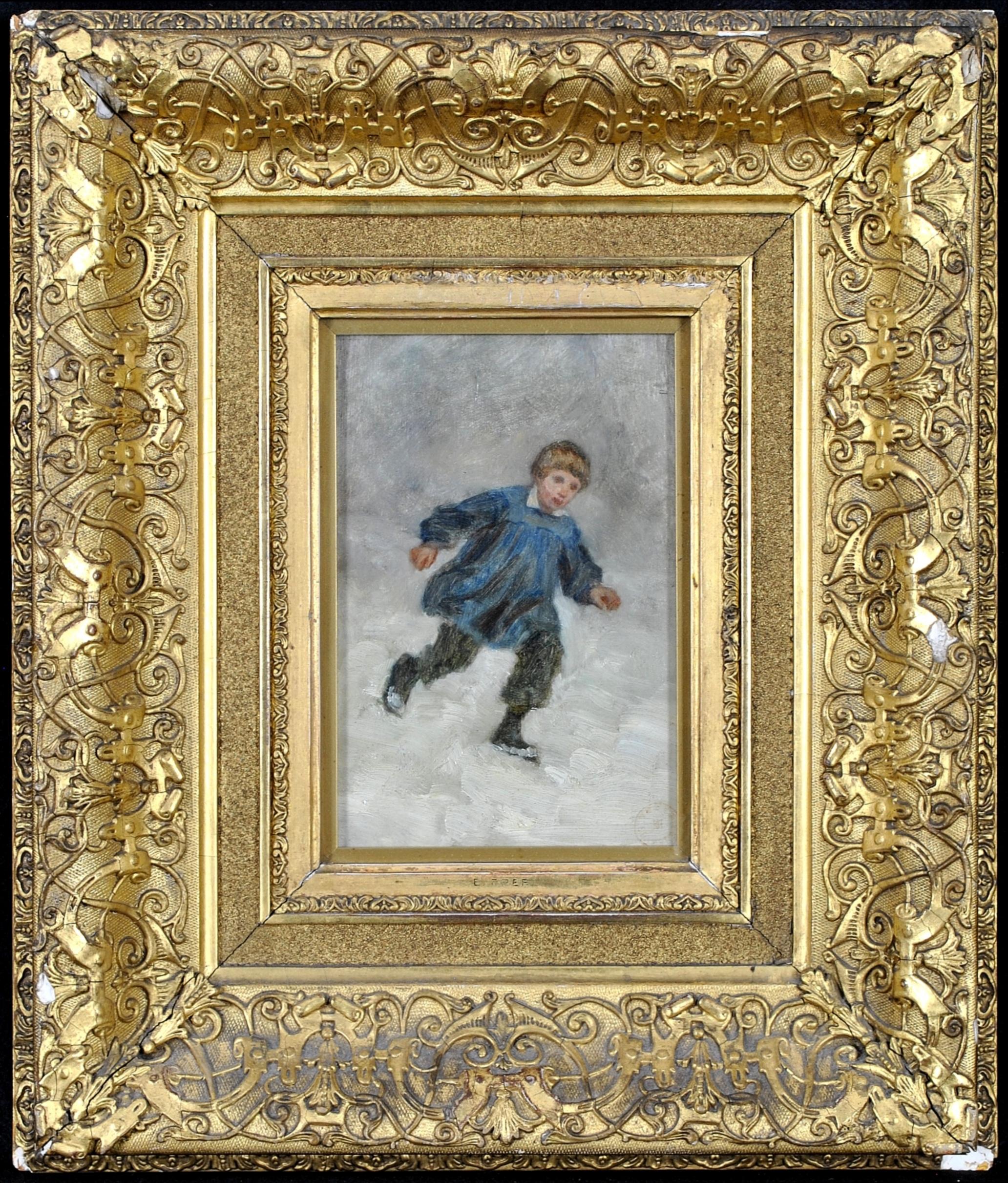 Très belle huile impressionniste sur panneau du milieu du 19e siècle du peintre français Pierre Édouard Frère. L'œuvre représente un jeune garçon courant dans la neige et est très bien exécutée. Signé avec le cachet de l'artiste en bas à droite.