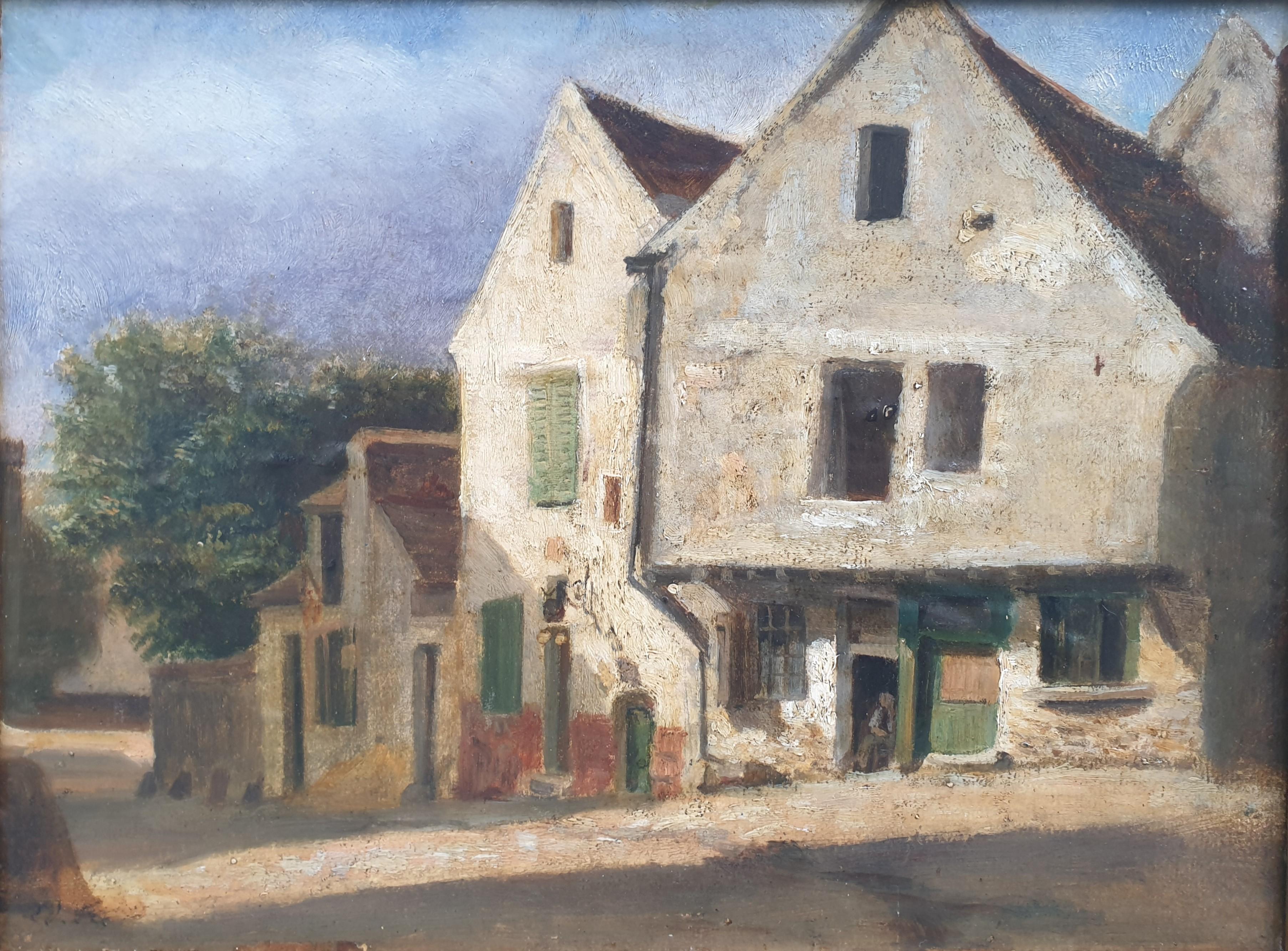 Pierre Edouard FRERE Vue maisons Montfort L'Amaury Yvelines Impressionniste 19e - Painting de Pierre Edouard Frere