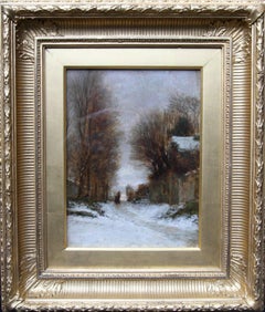 Snow at Fontainebleau - French art 19thC Impressionist landscape oil painting  