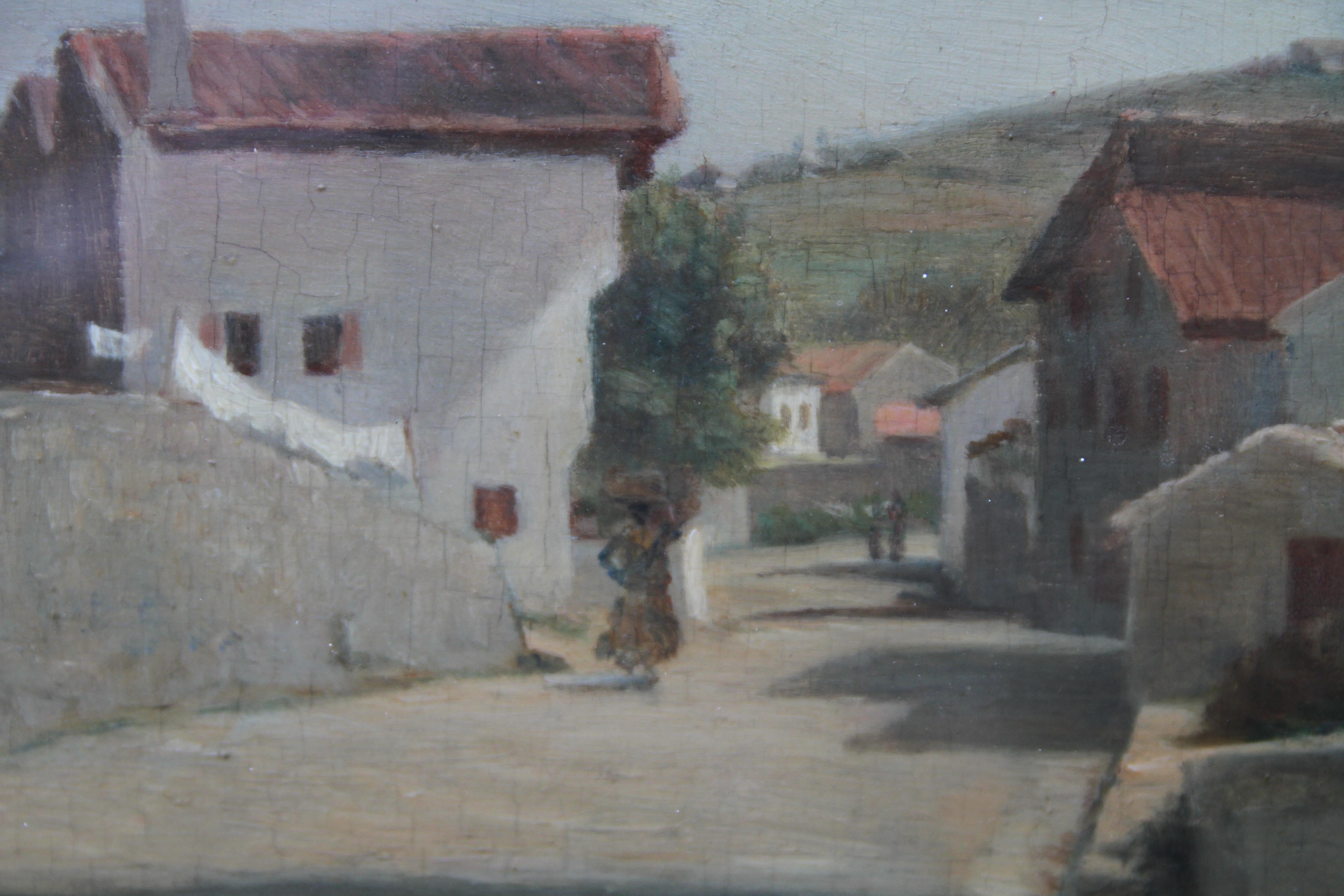 This charming French 19th century Impressionist landscape oil painting is by noted artist Edouard Frere. Painted circa 1860 it depicts a village, drenched in sunshine with not a cloud in the sky, with hills beyond. Figures are walking along the road