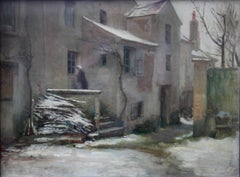 Winter Courtyard - French Impressionist art 19thC oil painting village landscape