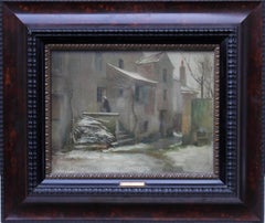 Antique Winter Courtyard - French Impressionist art 19thC oil painting village landscape
