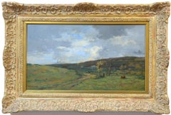 En la campiña francesa, 1884, Escuela de Barbizon, escena pastoral, óleo sobre tabla, firmado