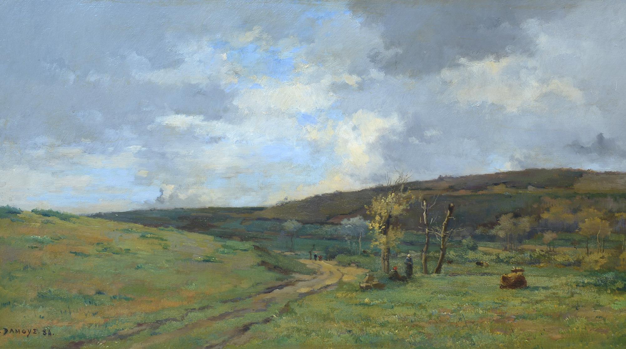 En la campiña francesa, 1884, Escuela de Barbizon, escena pastoral, óleo sobre tabla, firmado