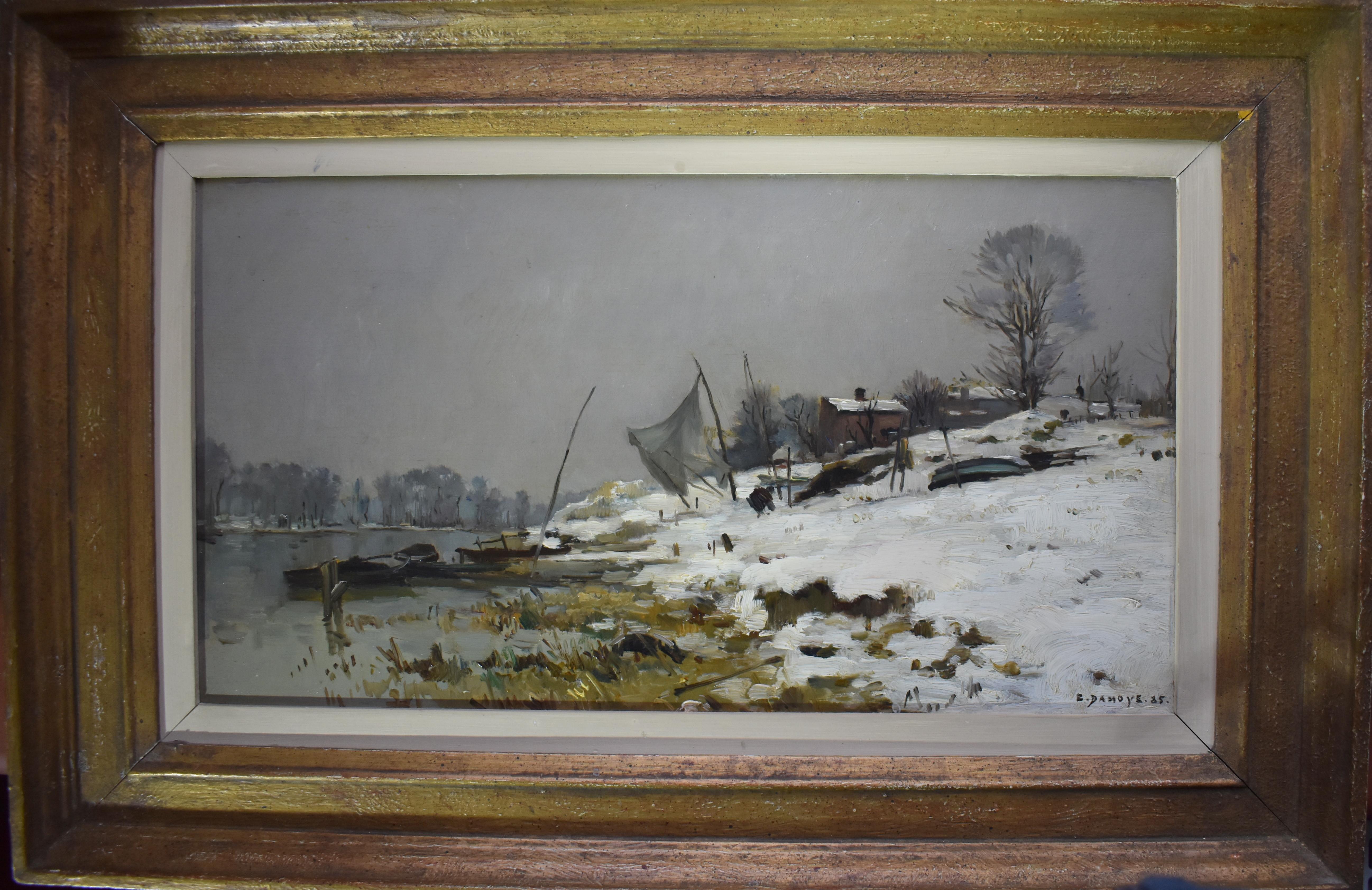 Pierre Emmanuel Damoye (1847–1916) French Barbizon School
A desolate snow covered landscape of fishing boats and nets drying on the banks of the river Seine. Signed, dated 1885, painted on a quality mahogany panel and nicely presented in a later