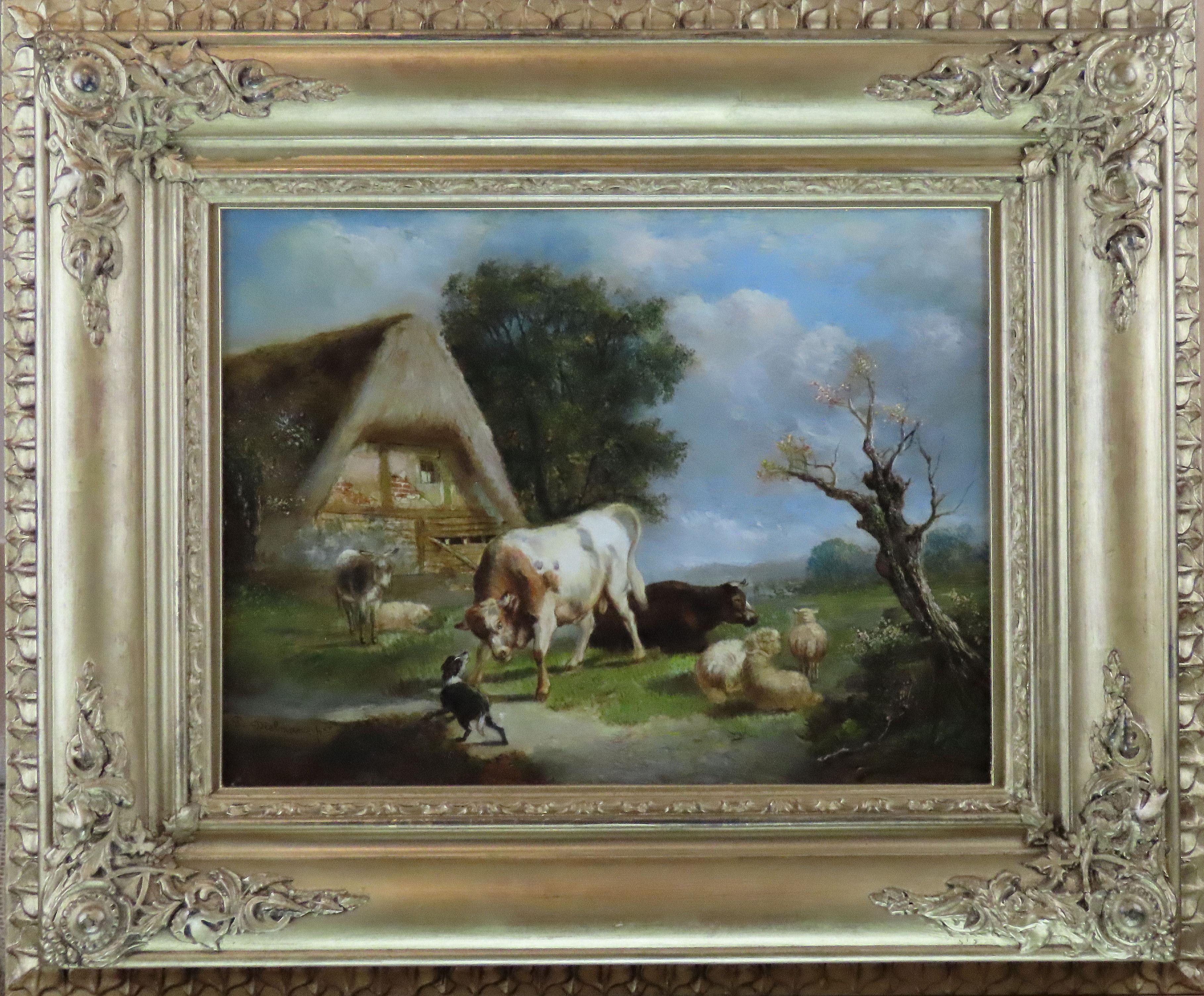 Original Ölgemälde auf Tafel, Pierre Emmanuel Dielman. "Eine Szene auf dem Bauernhof"