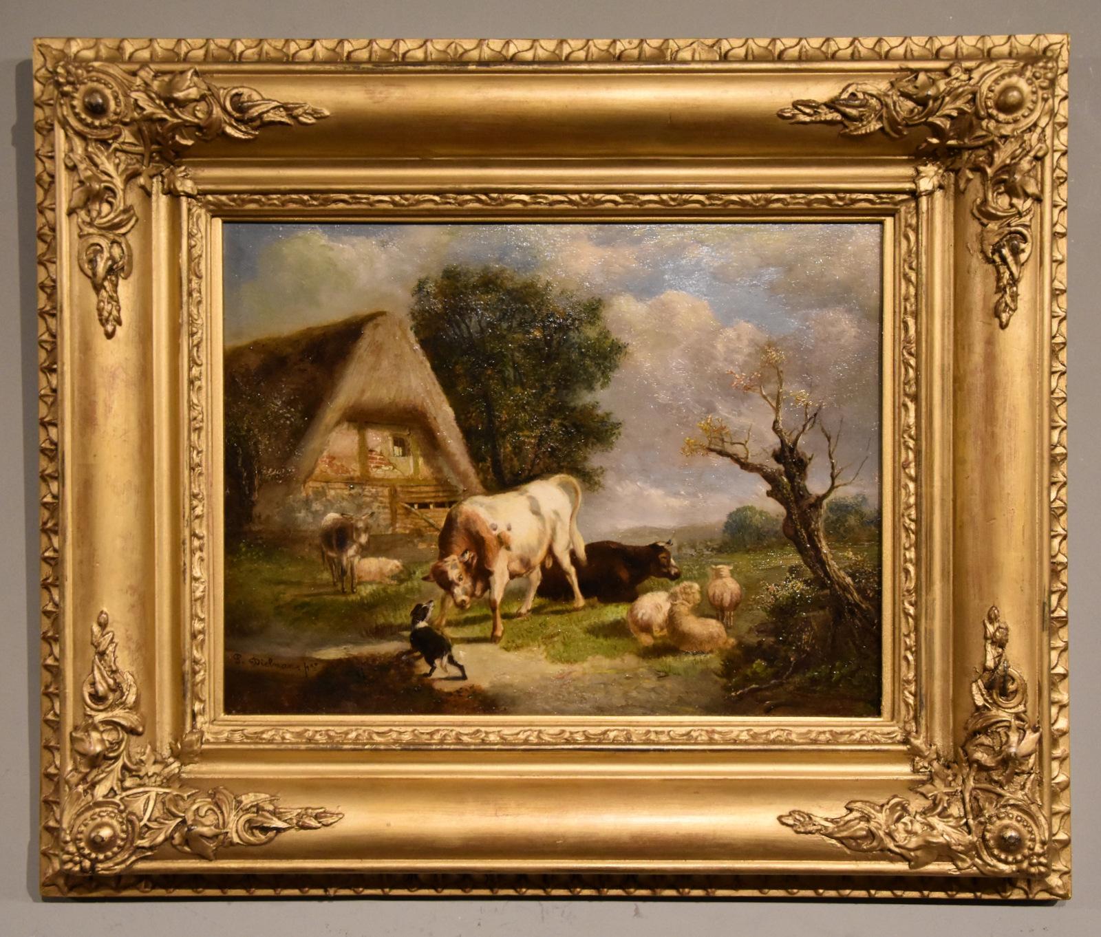 Oil Painting by Pierre Emmanuel Dielmans "A Farmyard Scene"