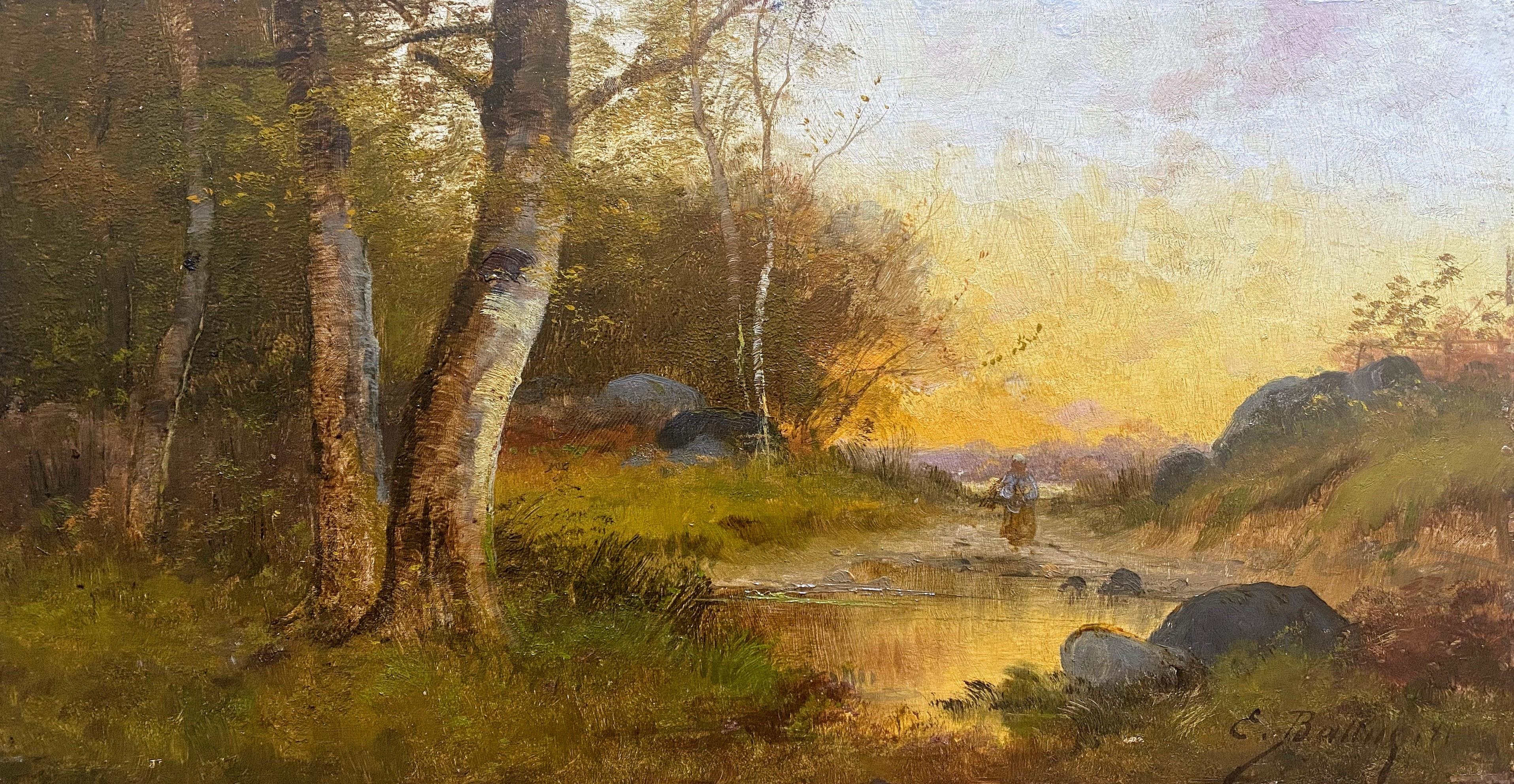 Peinture à l'huile française du 19ème siècle représentant un paysage de Barbizon et une figure de couronne  - Painting de Pierre Ernest Ballue