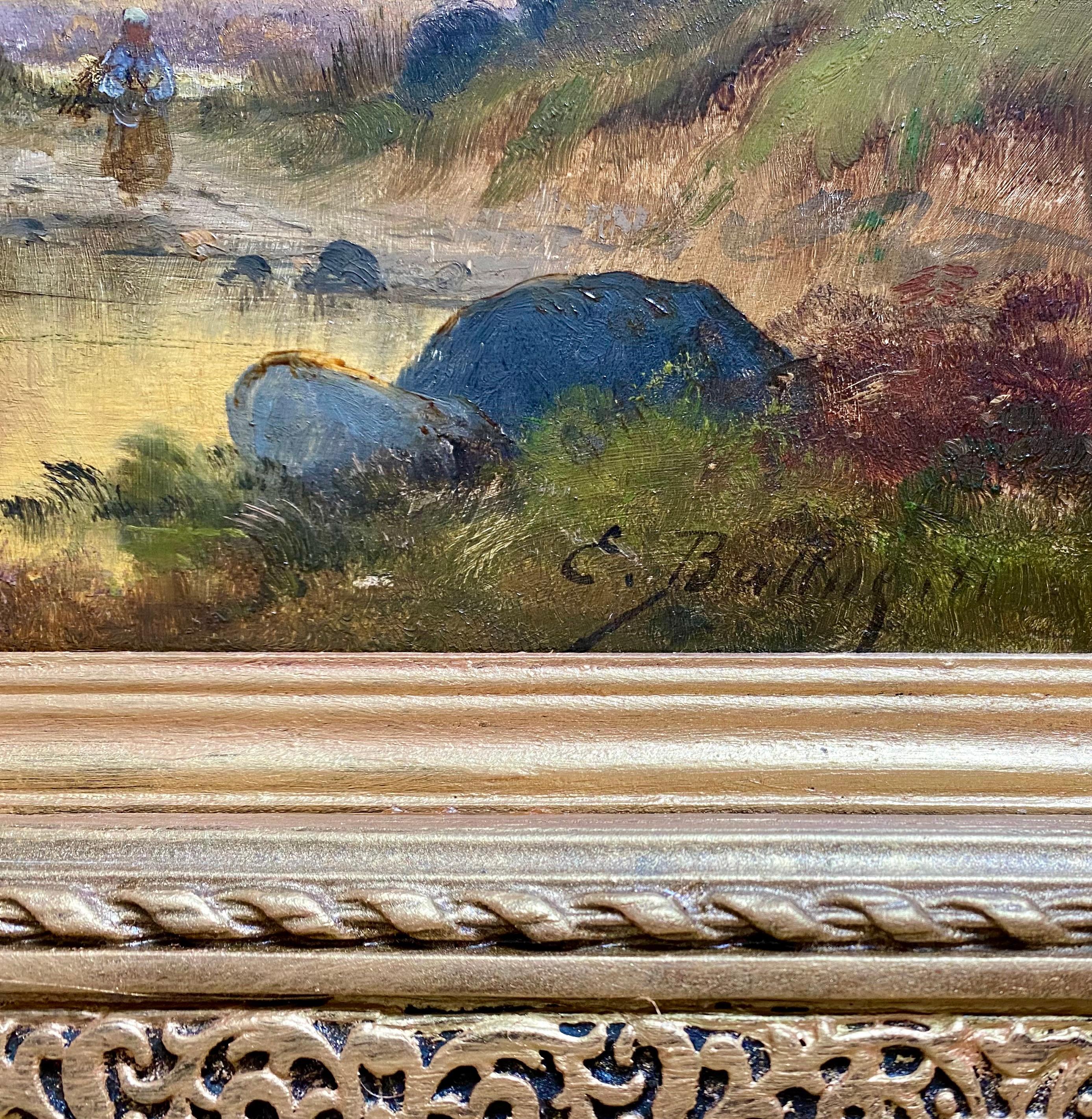 Peinture à l'huile française du 19ème siècle représentant un paysage de Barbizon et une figure de couronne  - École de Barbizon Painting par Pierre Ernest Ballue