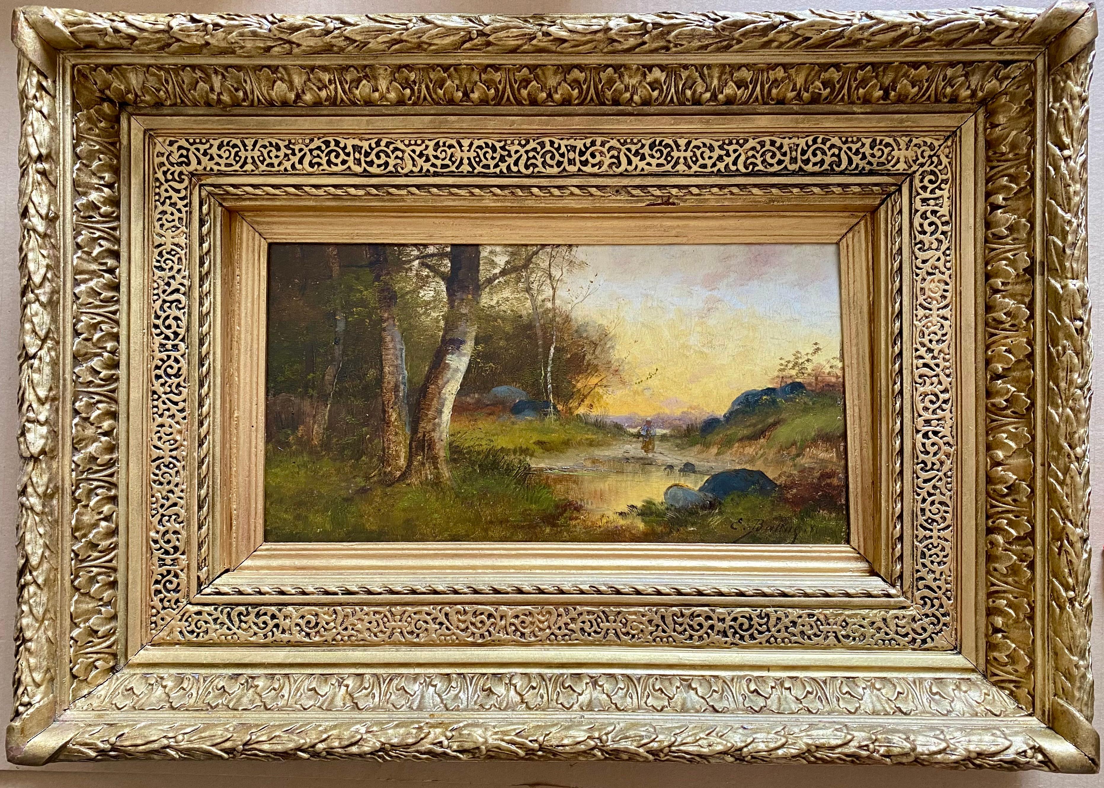 Peinture à l'huile française du 19ème siècle représentant un paysage de Barbizon et une figure de couronne  - Marron Figurative Painting par Pierre Ernest Ballue