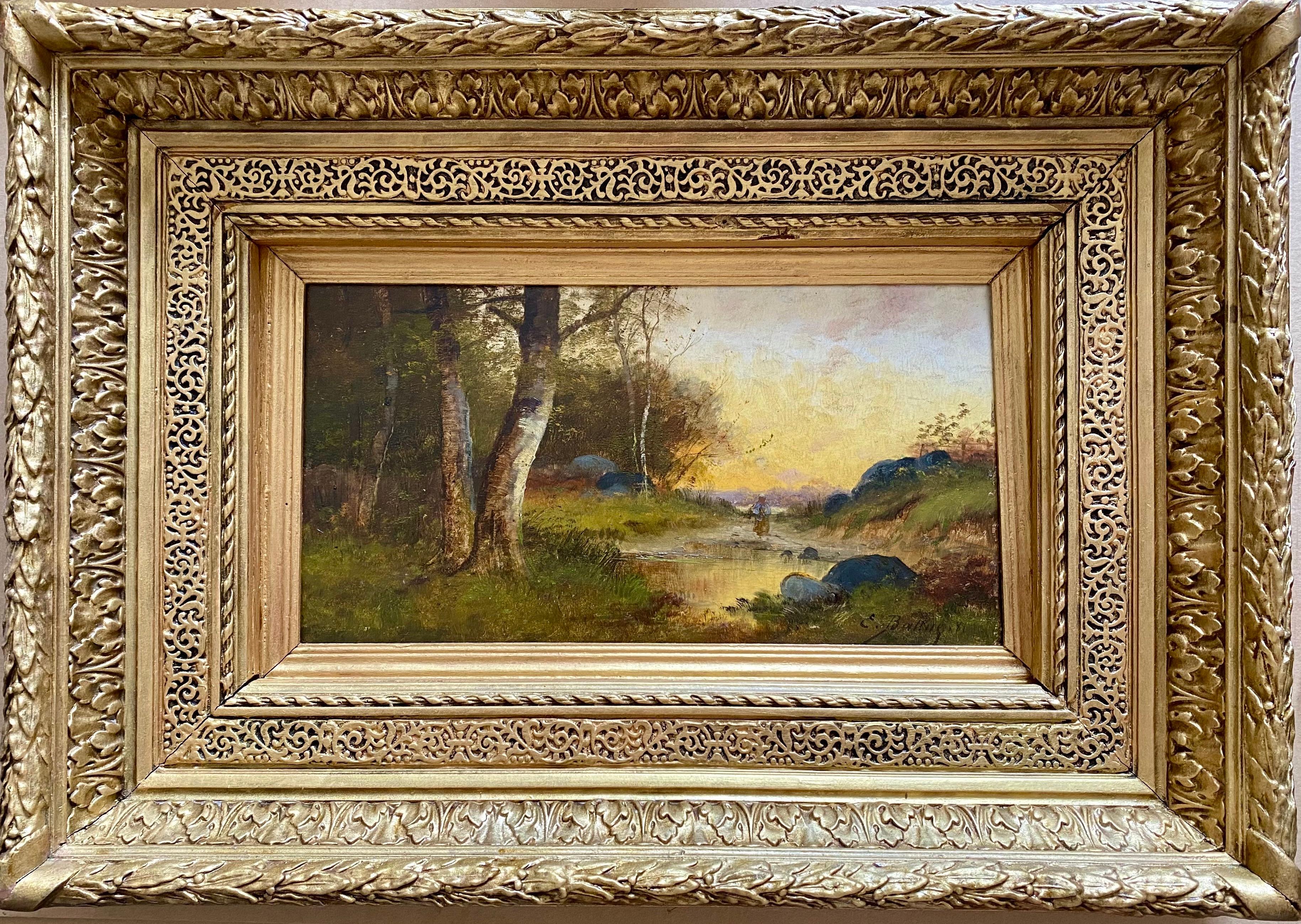 Peinture à l'huile française du 19ème siècle représentant un paysage de Barbizon et une figure de couronne 
