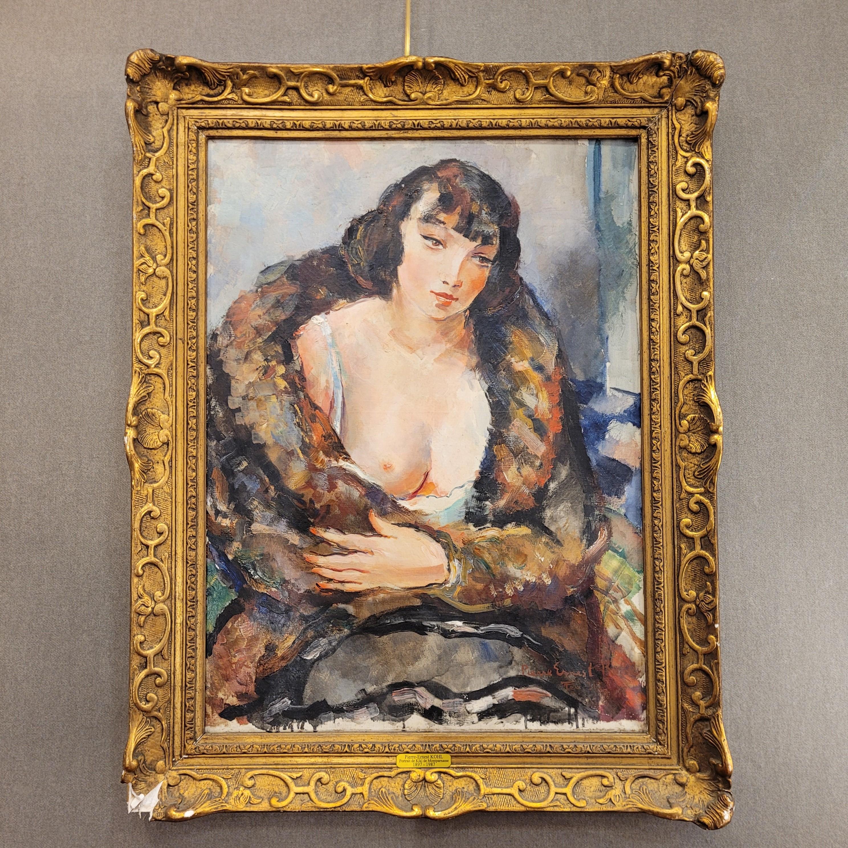Extraordinaire œuvre art déco du célèbre artiste monégasque Pierre-Ernest KOHL (1897-1985).
Portrait de Kiki de Montparnasse, dans son cadre d'origine en bois sculpté et doré. Le cadre a un petit accident dans un coin qu'il est facile de réparer et