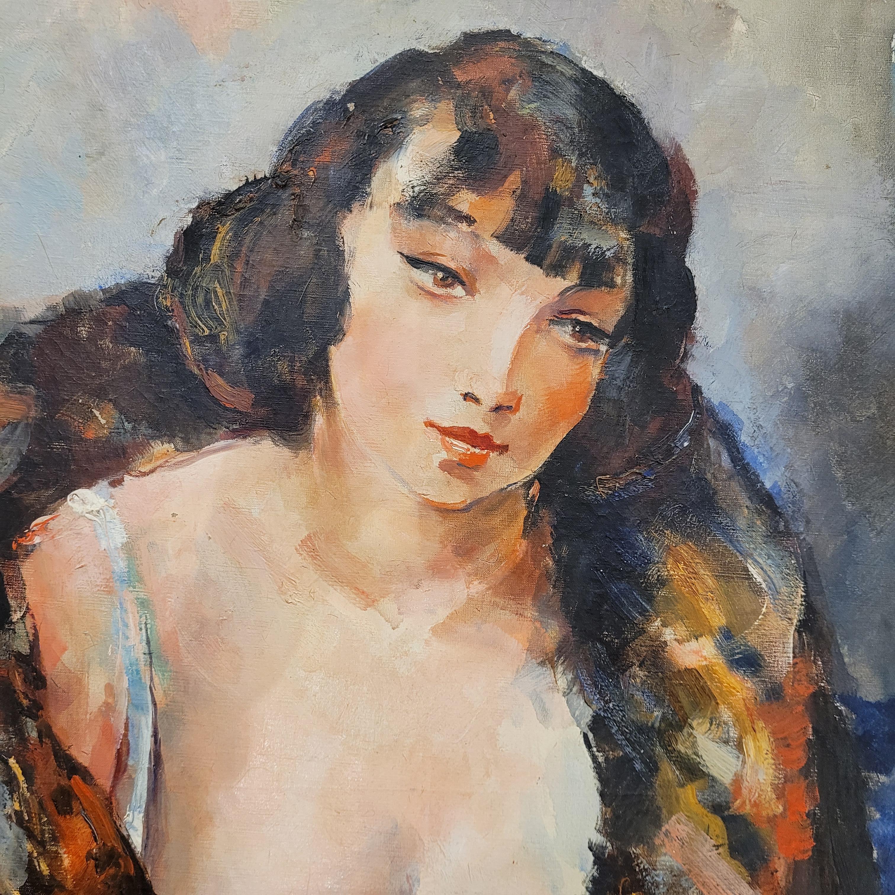 Milieu du XXe siècle Pierre-Ernest Kohl Art Déco Piainting KiKi de Montparnase portrait expressionniste
