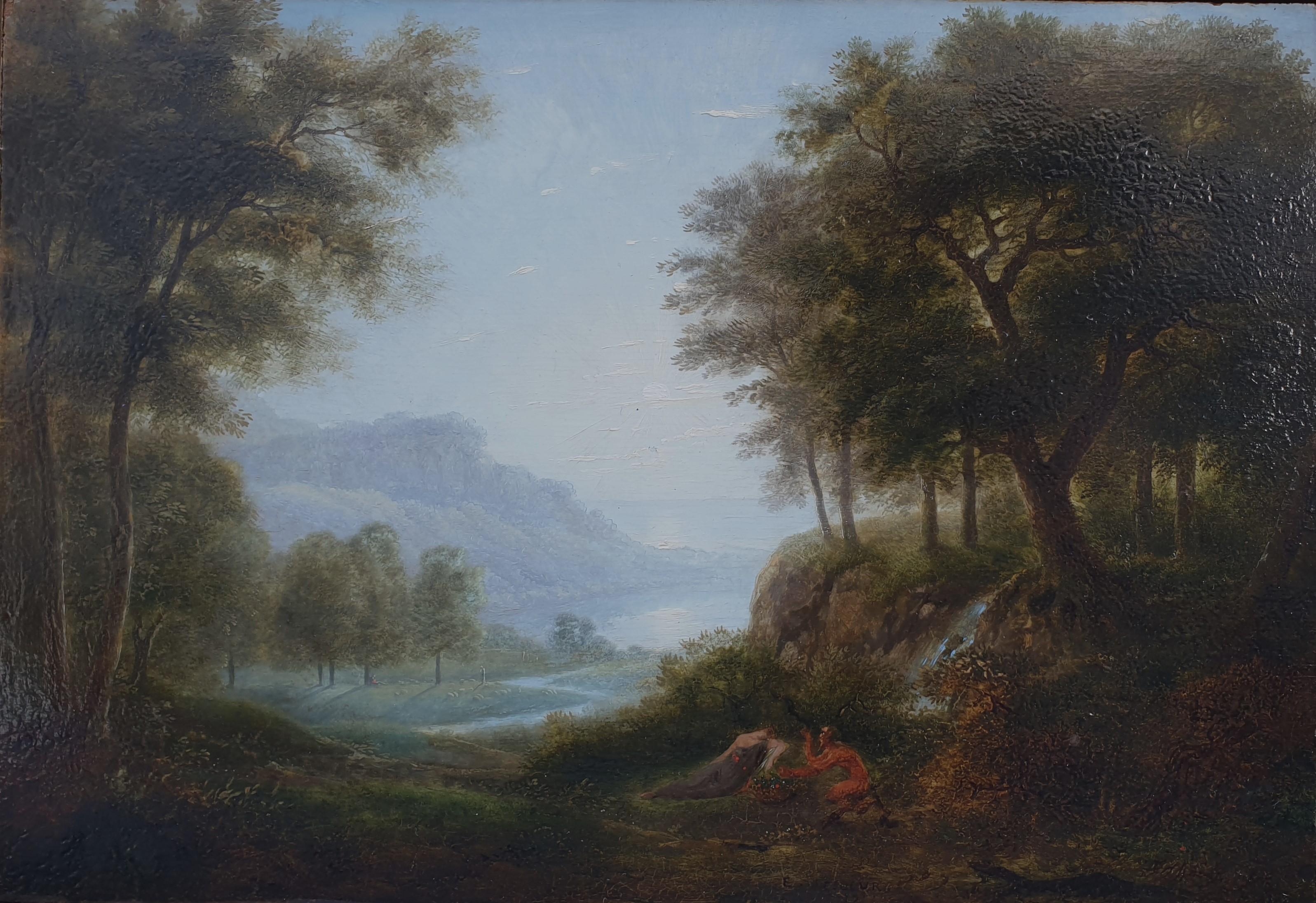 LESUEUR Neo-classical Classical Landscape with a faune French 19th Oil on panel - Painting by Pierre Etienne LESUEUR