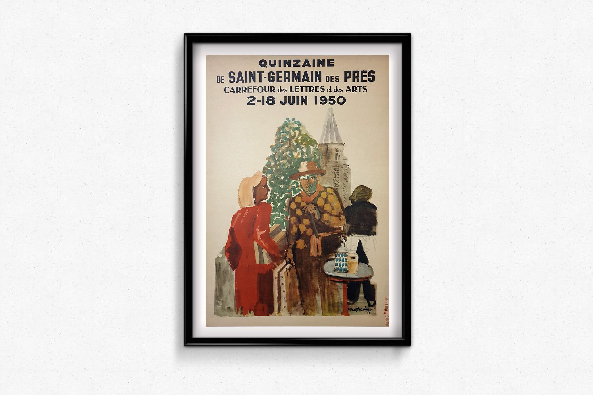 The 1950 original poster by P. E. Clairin for the Quinzaine de Saint-Germain-des-Prés: Carrefour des Lettres et des Arts is a cultural emblem of post-war Paris. This poster was created to promote a two-week festival celebrating
