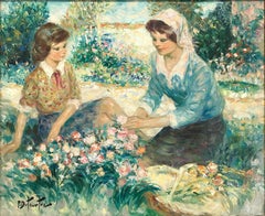 "Au Jardin" 20th Century French Oil Painting Figures in a Garden Landscape Scene