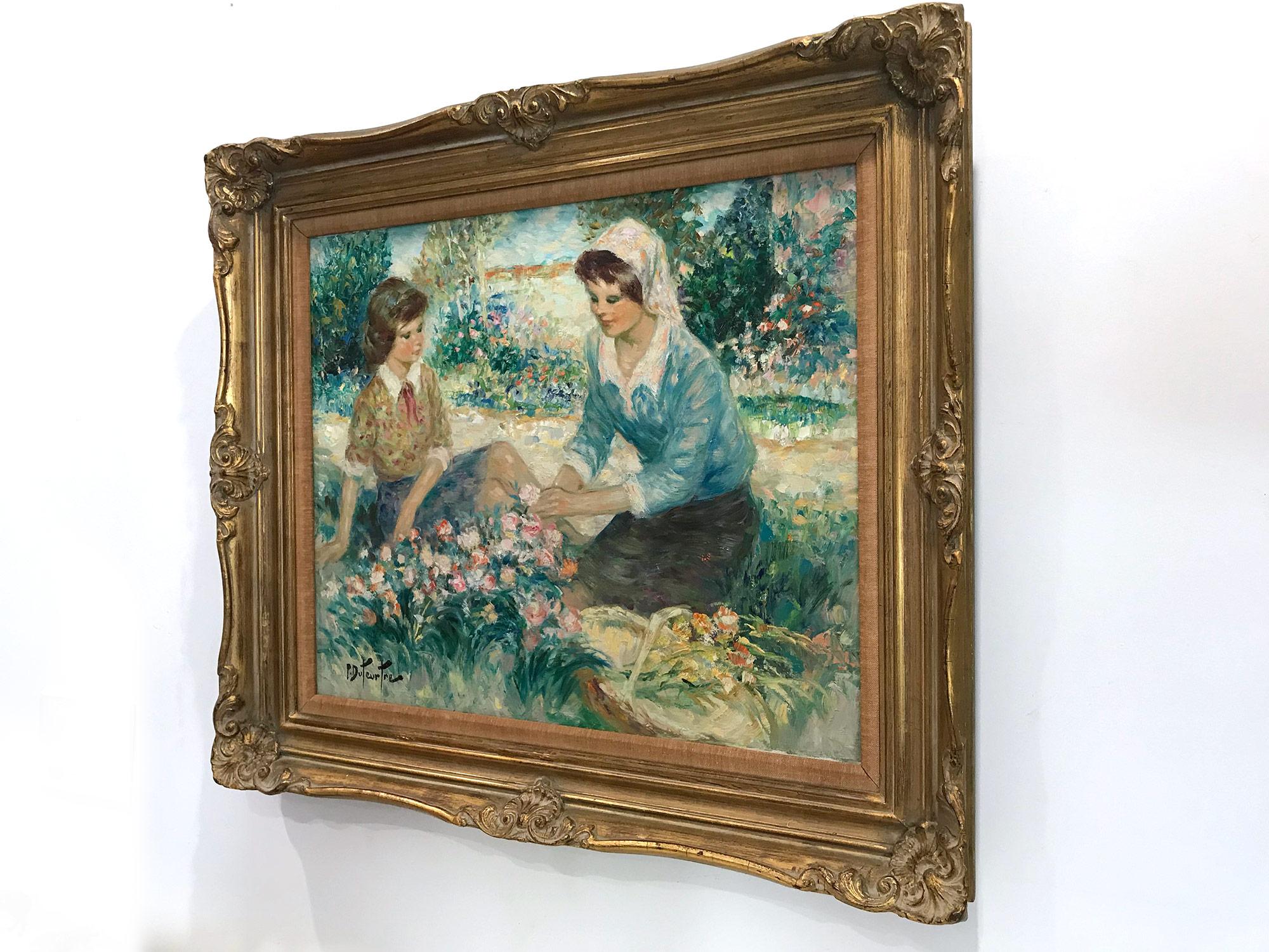 A stunning oil painting depicting figures in a garden picking flowers executed in the 20th Century. Duteurtre was known for his charming intimate figurative scenes portraying life in Europe. He was active, picking up subjects from the markets,