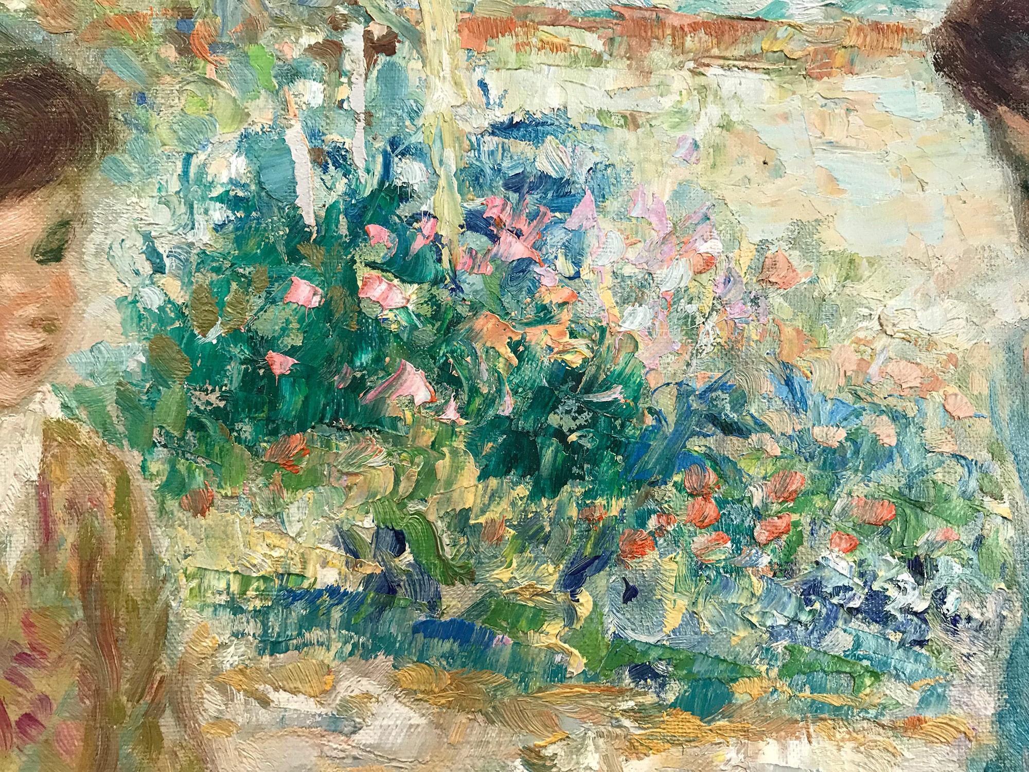 A stunning oil painting depicting figures in a garden picking flowers executed in the 20th Century. Duteurtre was known for his charming intimate figurative scenes portraying life in Europe. He was active, picking up subjects from the markets,