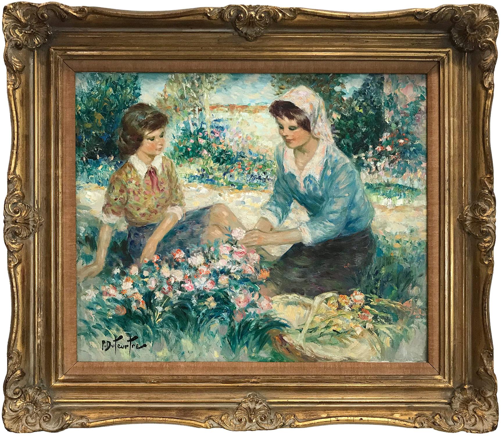 Pierre Eugène Duteurtre Landscape Painting - "Au Jardin" 20th Century French Oil Painting Figures in a Garden Landscape Scene