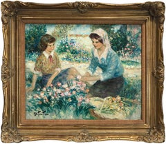 Antique "Au Jardin" 20th Century French Oil Painting Figures in a Garden Landscape Scene