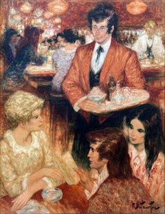 "Drug Store" 20th Century French Oil Painting Figures at Ice Cream Restaurant