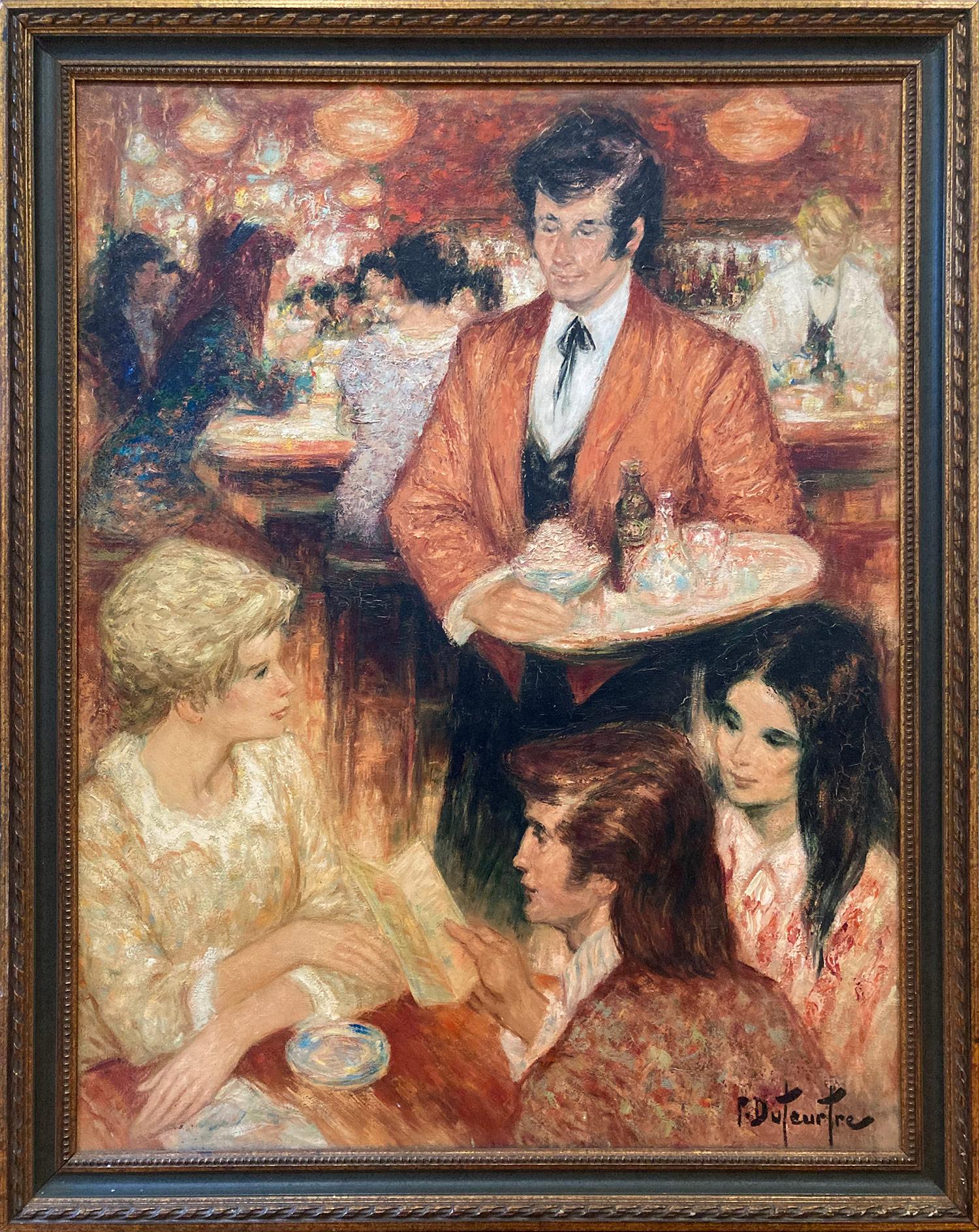 Pierre Eugène Duteurtre Figurative Painting - "Drug Store" 20th Century French Oil Painting Figures at Ice Cream Restaurant 