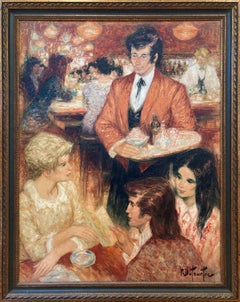"Drug Store" 20th Century French Oil Painting Figures at Ice Cream Restaurant 