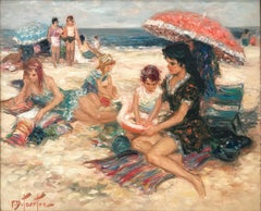 "Maternity À La Plage" 20th Century French Oil Painting Beach Scene With Figures
