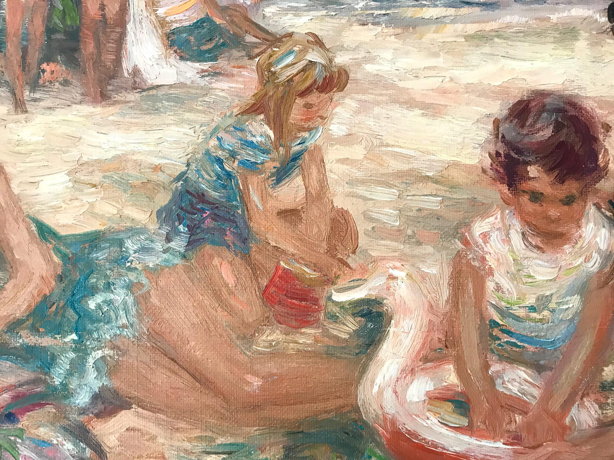 A stunning oil painting depicting figures at the beach in the 20th Century. Duteurtre was known for his charming intimate figurative scenes portraying life in Europe. He was active, picking up subjects from the markets, beaches, parks, restaurants,