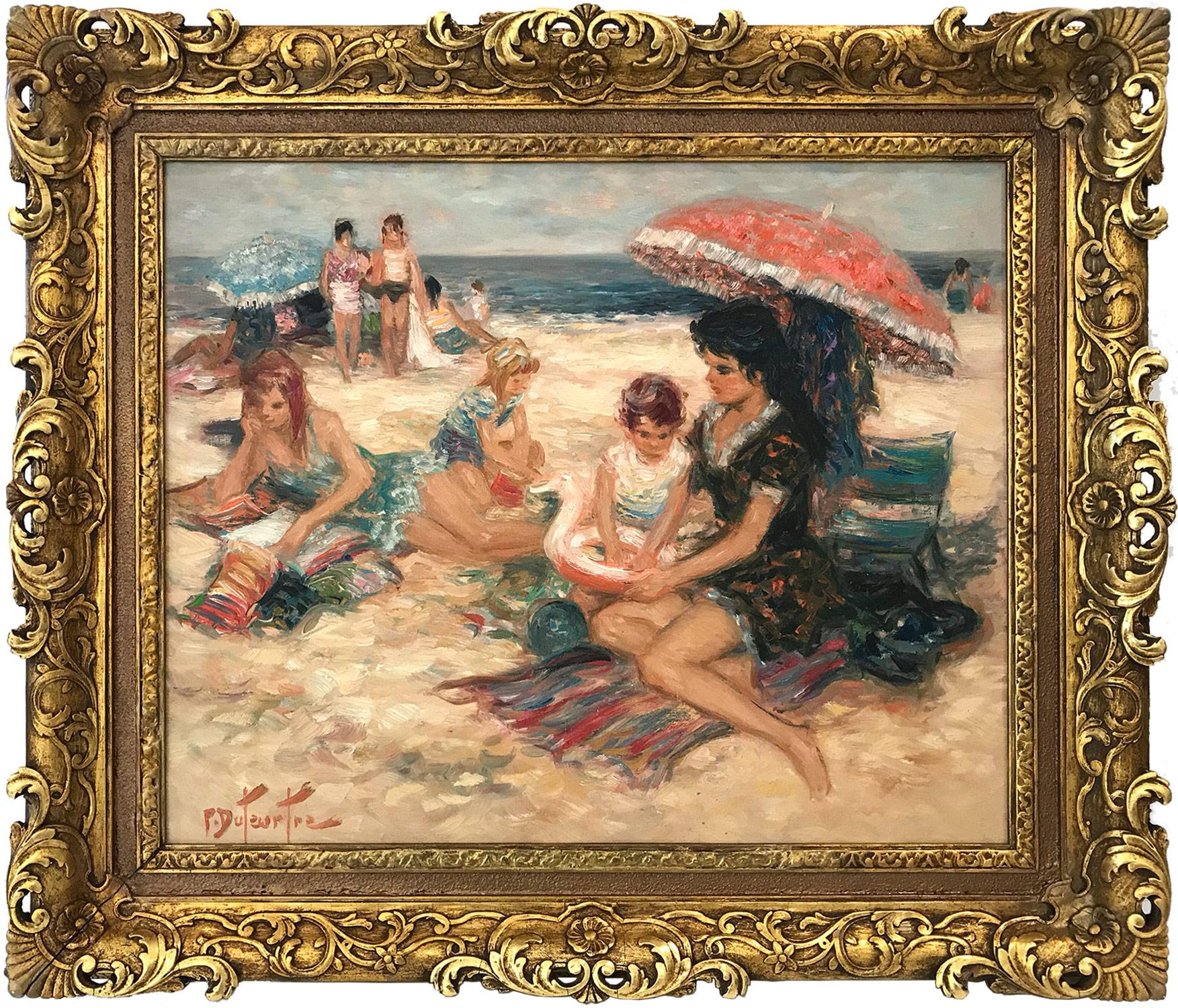 Figurative Painting Pierre Eugène Duteurtre - "Maternité à la plage" Peinture à l'huile française du 20e siècle Scène de plage avec personnages